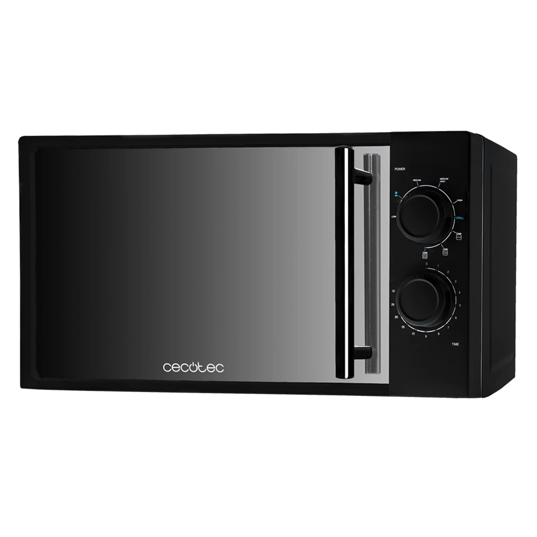 All Black Mikrowelle. 700 Watt Leistung, 20l Fassungsvermögen, 900 Watt Grillleistung, 9 Betriebsstufen, 30 min Timer, Abtaumodus, schwarzes Finish