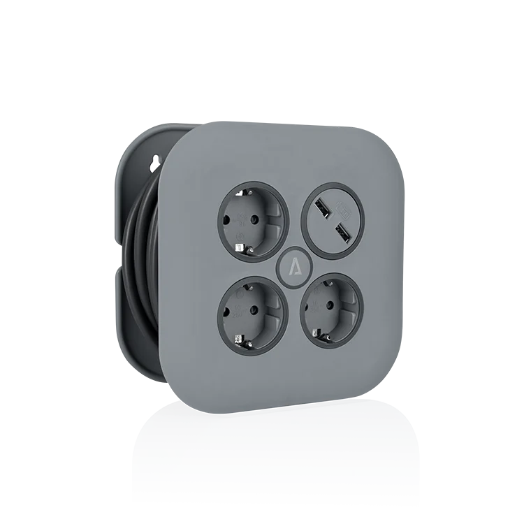 ASLO Büro-Kabeltrommel, Kabeltrommel für Haushalt, 3 Steckdosen, 2P+T, 16 A, Stromunterbrechung, 2 x USB, Grau