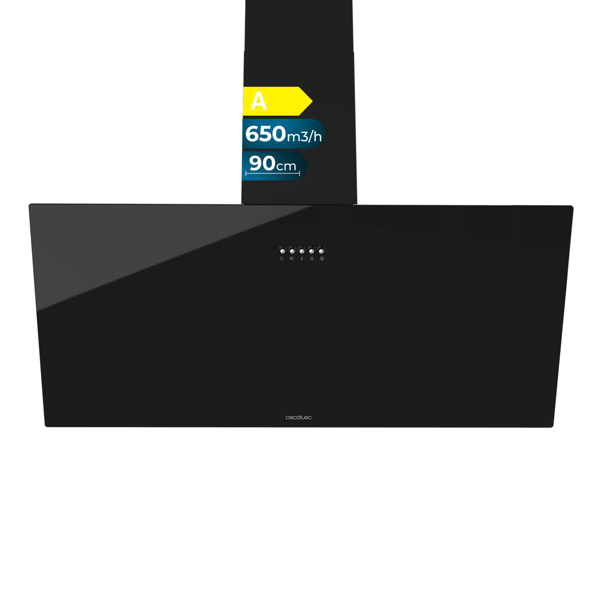 Bolero Flux DM 906500 Glas Schwarz Dekorative Dunstabzugshaube mit einer Breite von 90 cm, schwarzer Glasfront, schwarzem Schornstein, Absaugung 650 m3/h, Motor 165 W, Klasse A, mechanische Steuerung, 3 Leistungsstufen, Licht und Kohlefilter.