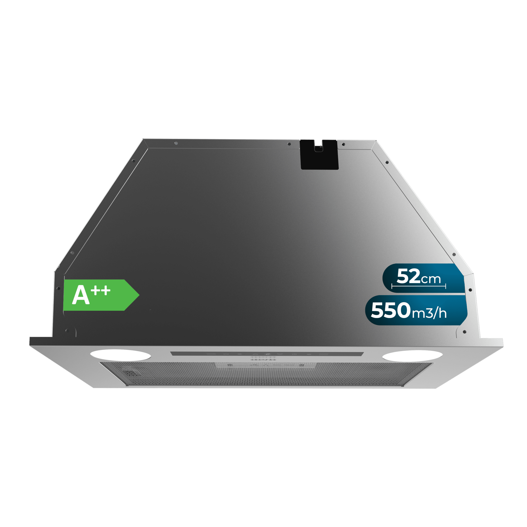 Bolero Flux IT 525500 Inox A++ 52cm breit, Edelstahloptik, Saugleistung 550m3/h, Motor 70W, Klasse A++, Touch Control, 3 Leistungsstufen, Booster, Licht und Kohlefilter.