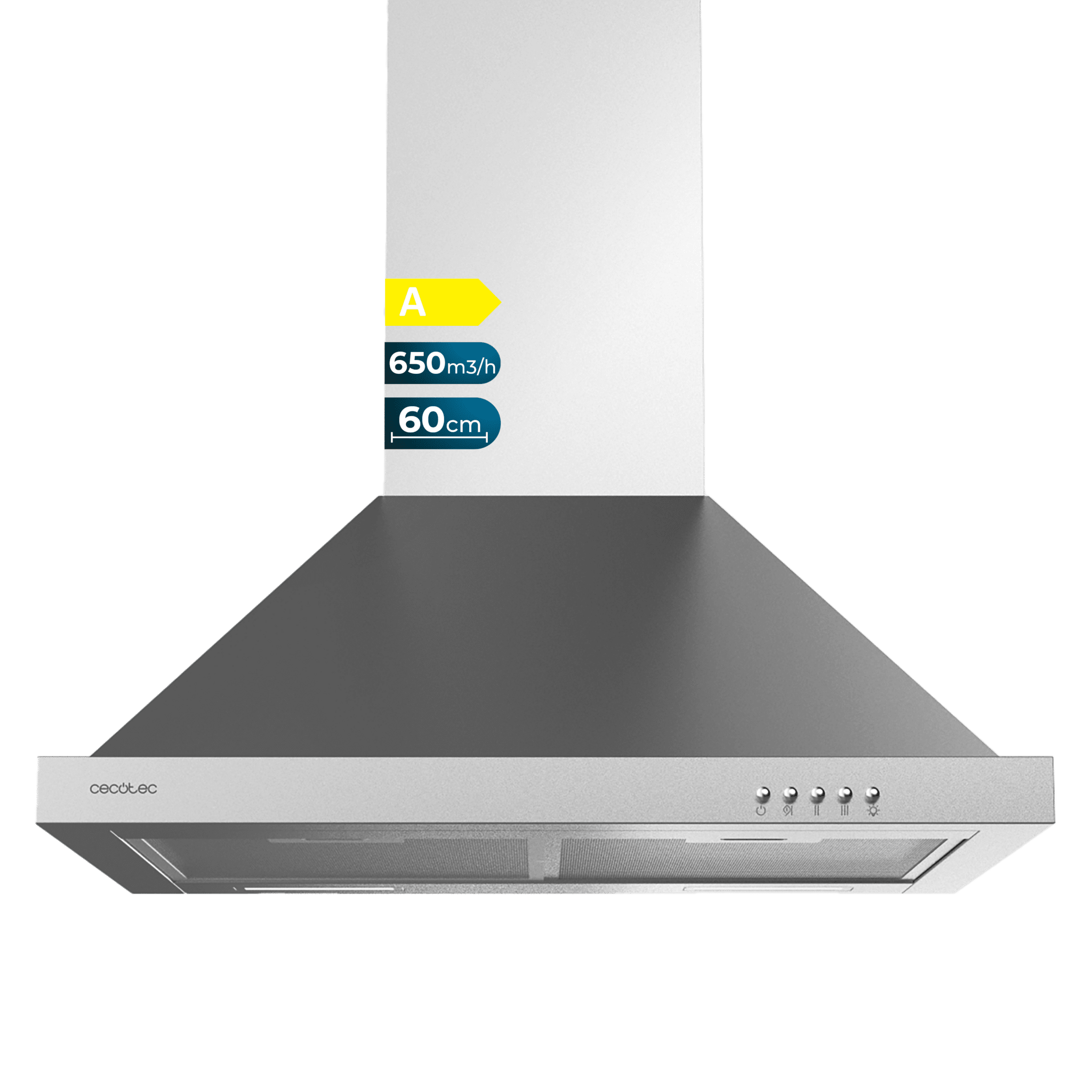 Bolero Flux PM 606500 Inox Eine 60 cm breite Pyramidenhaube, Edelstahloberfläche, Saugleistung 650 m3/h, 165-W-Motor, Klasse A, mechanische Steuerung, 3 Leistungsstufen, Licht und Kohlefilter.