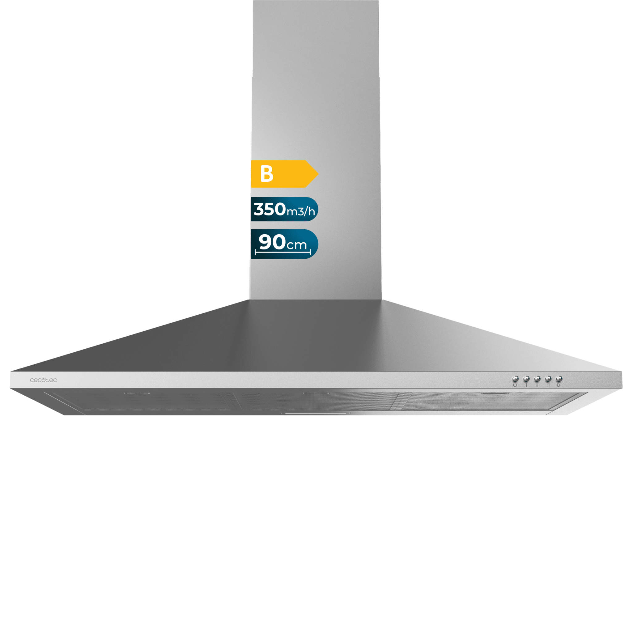 Bolero Flux PM 903500 Inox B 90 cm breite Pyramiden-Dunstabzugshaube, Edelstahl-Finish, 350 m3/h Saugleistung, 65-W-Motor, Klasse B, mechanische Steuerung, 3 Leistungsstufen, Licht und Kohlefilter.