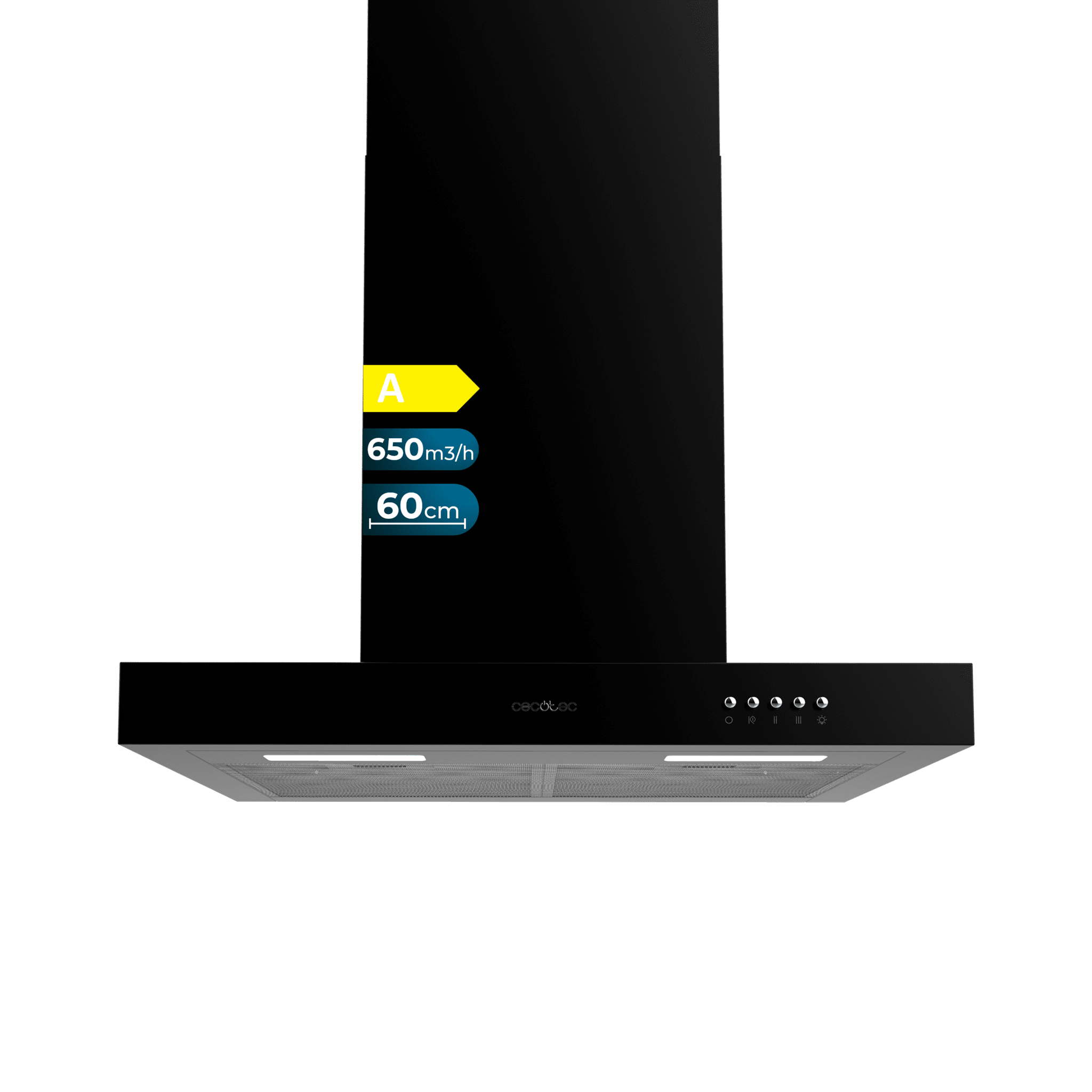 Bolero Flux TM 606500 Black A 60 cm breite T-Haube, schwarze Oberfläche, Saugleistung 650 m³/h, 165-W-Motor, Klasse A, mechanische Steuerung, 3 Leistungsstufen, Licht und Kohlefilter.