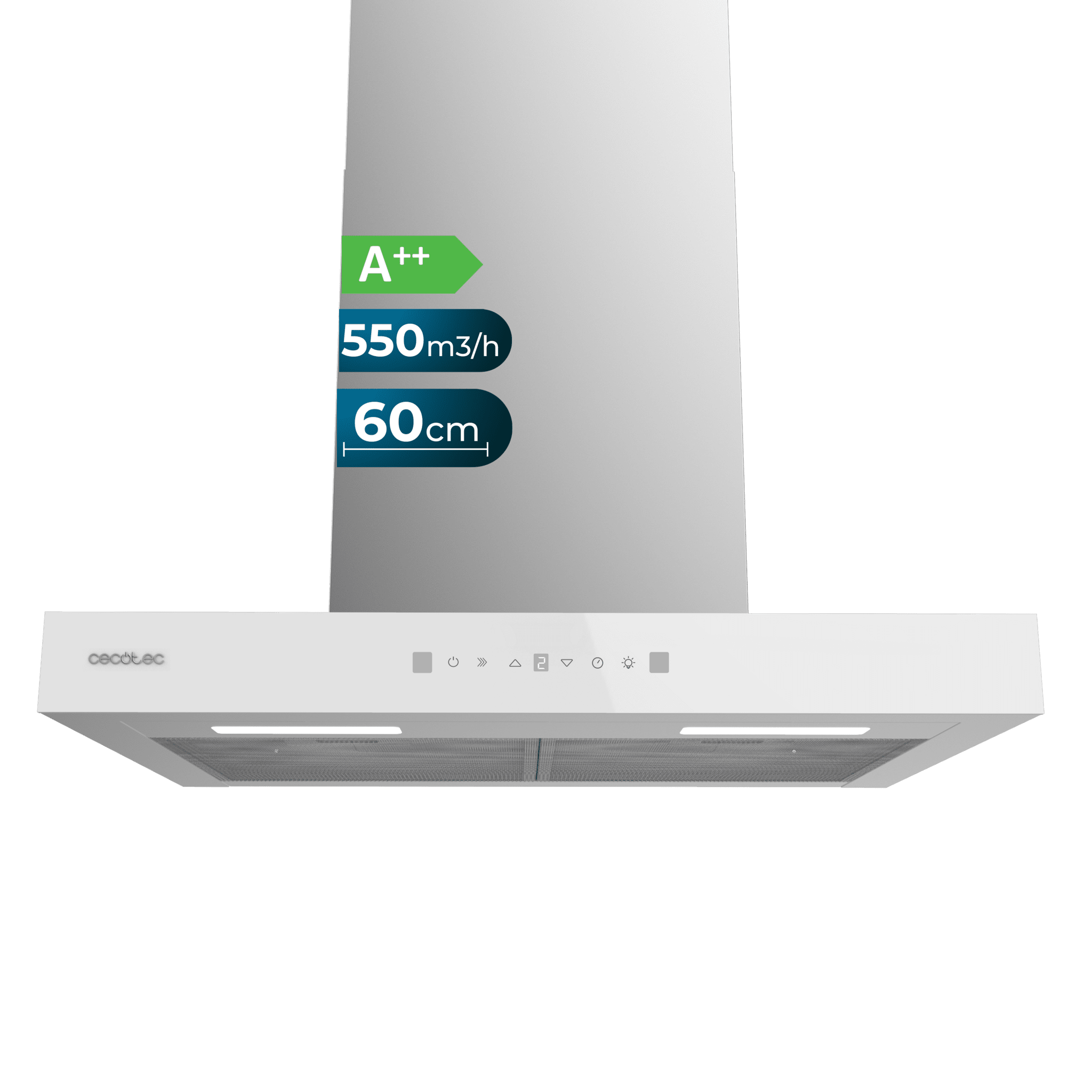 Bolero Flux TT 605500 Glass White A++ T 60cm breit, weiße Glasfront, Saugleistung 550m3/h, Motor 70W, Klasse A++, Touch Control, 3 Leistungsstufen, Booster, Licht, Kohlefilter, Handbewegungssteuerung und Delay-Funktion.