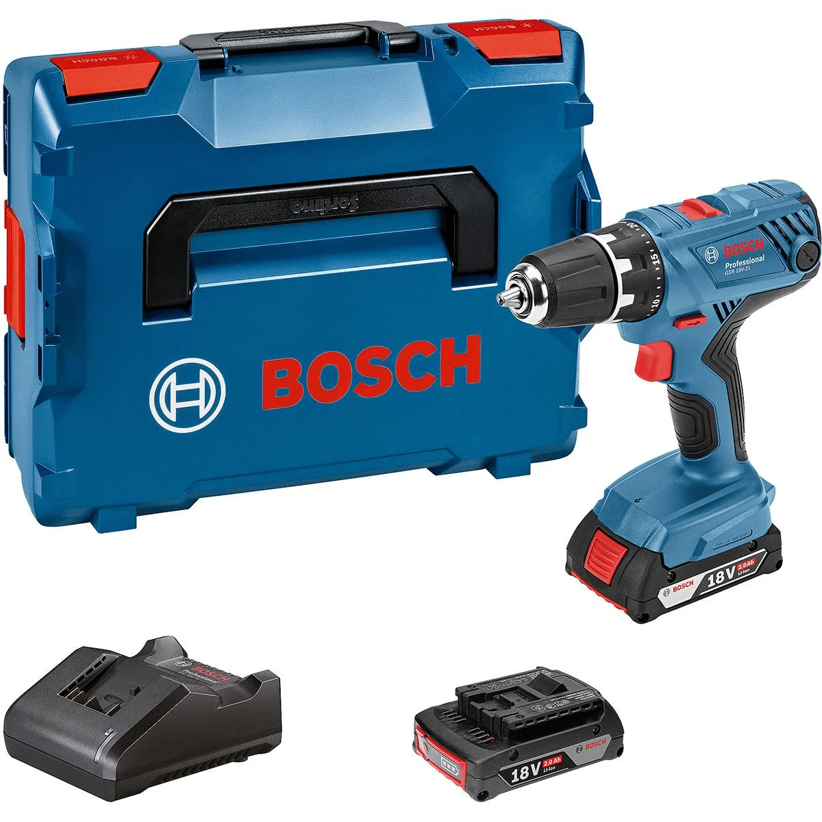 Bosch Akku-Bohrschrauber GSR 18V-21, 2 x Akku GBA 18V 2.0Ah, L-Case