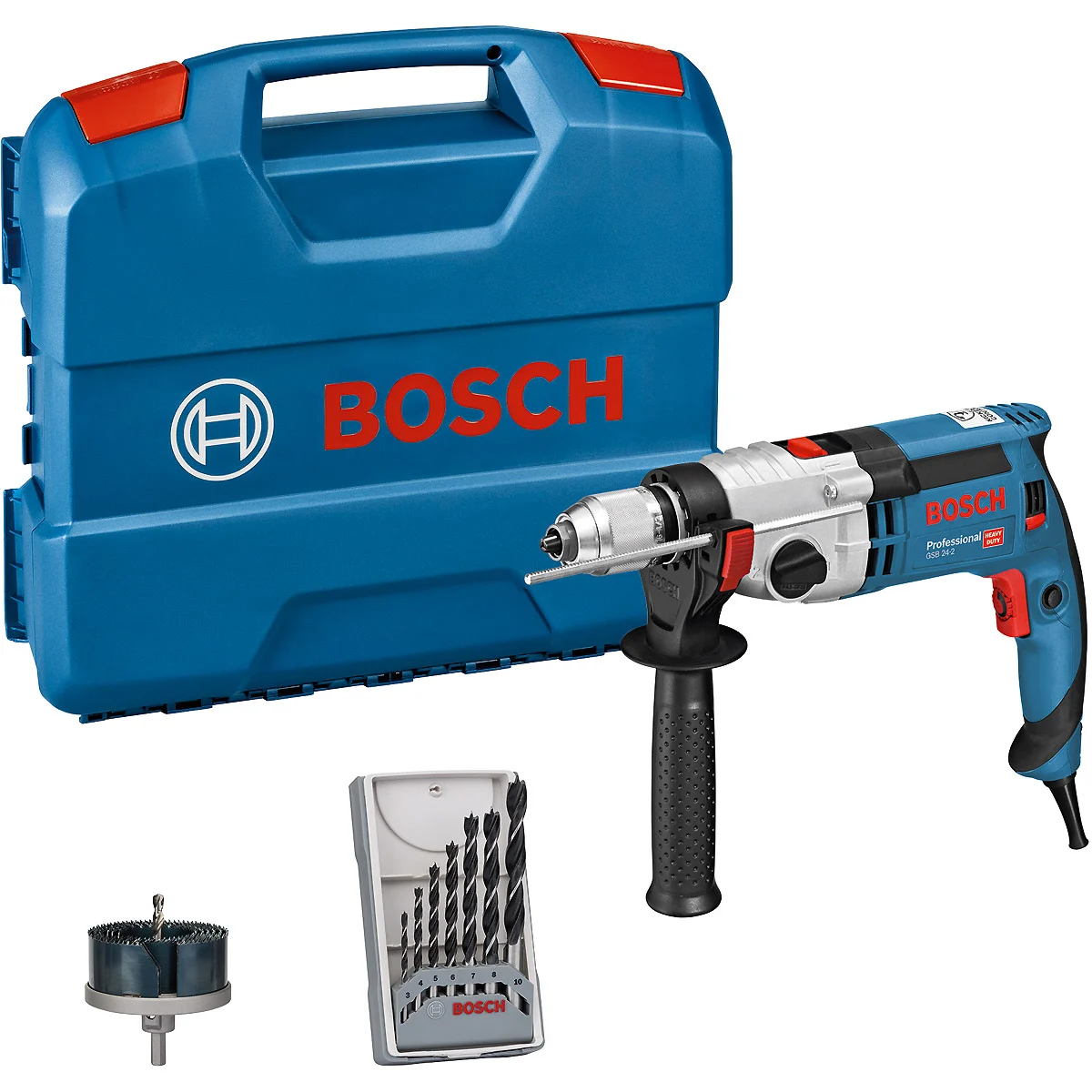 Bosch Schlagbohrmaschine GSB 24-2, mit 7-teiligem Holzbohrer-Set, Lochsäge-Set