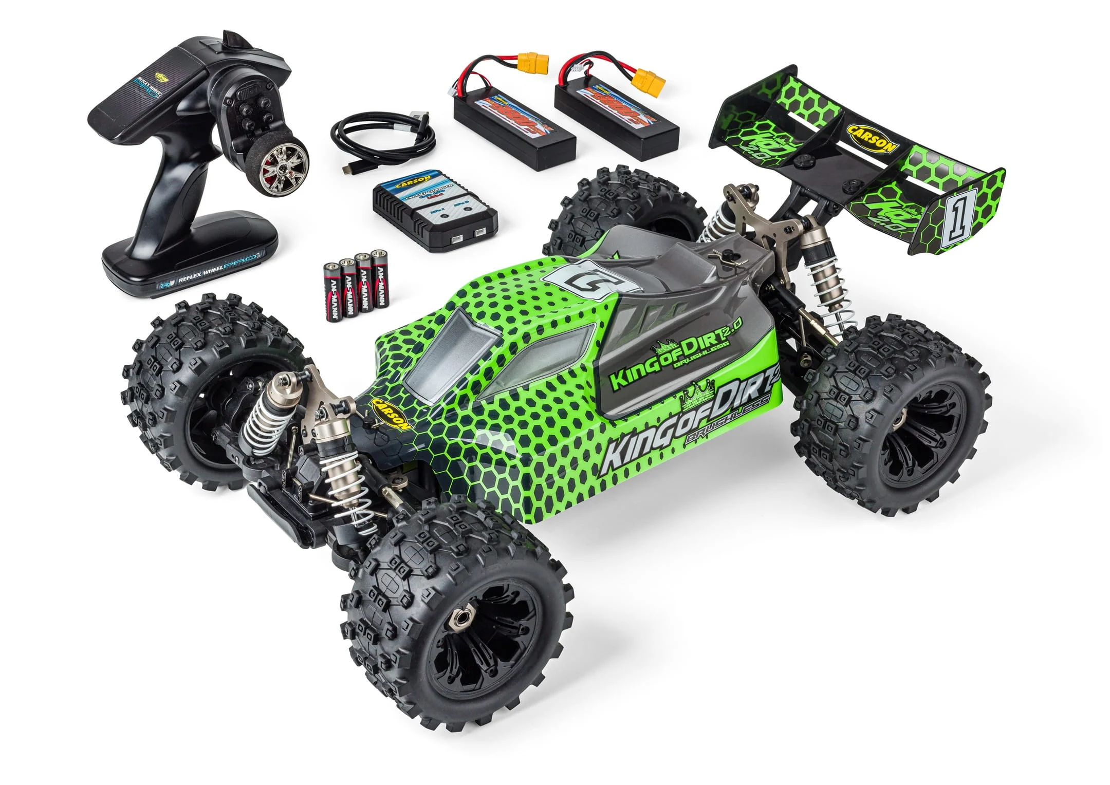 CARSON 1:8 King of Dirt Buggy 2.0 RTR - Brushless, 2x Lipo Akkus und Ladegerät Grün