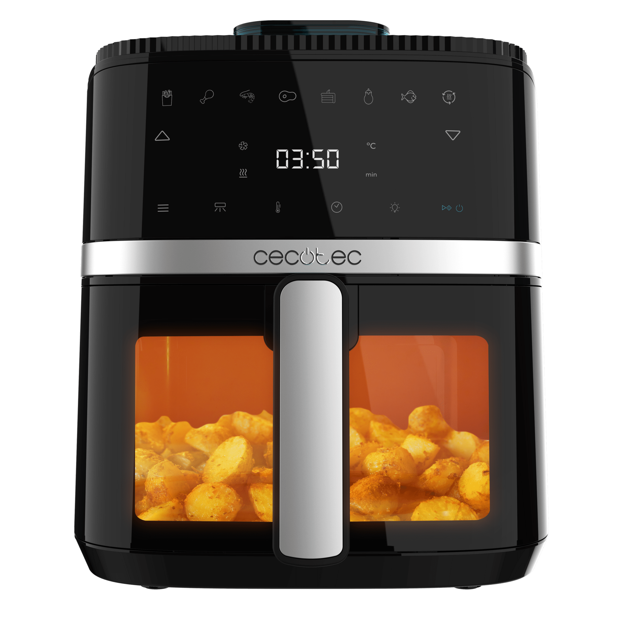 Cecofry Drip 5000 Luftfritteuse mit Wasserspray, 5 Liter Fassungsvermögen und 1500 W Leistung. Mit 8 Menüs und Temperaturbereich von 80 °C bis 200 °C.