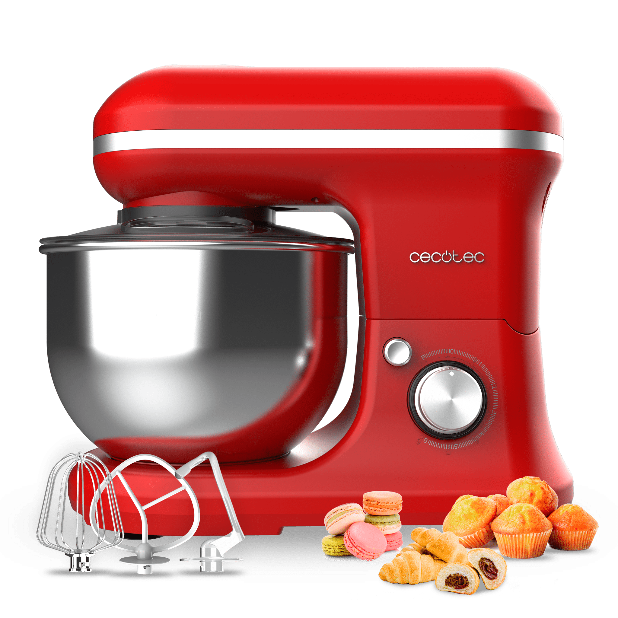 Cecomixer Merengue 5L 1200 Red Mixer Mixer mit 5 Funktionen, mit elegantem Design und Zubehör zum Mischen und Kneten.