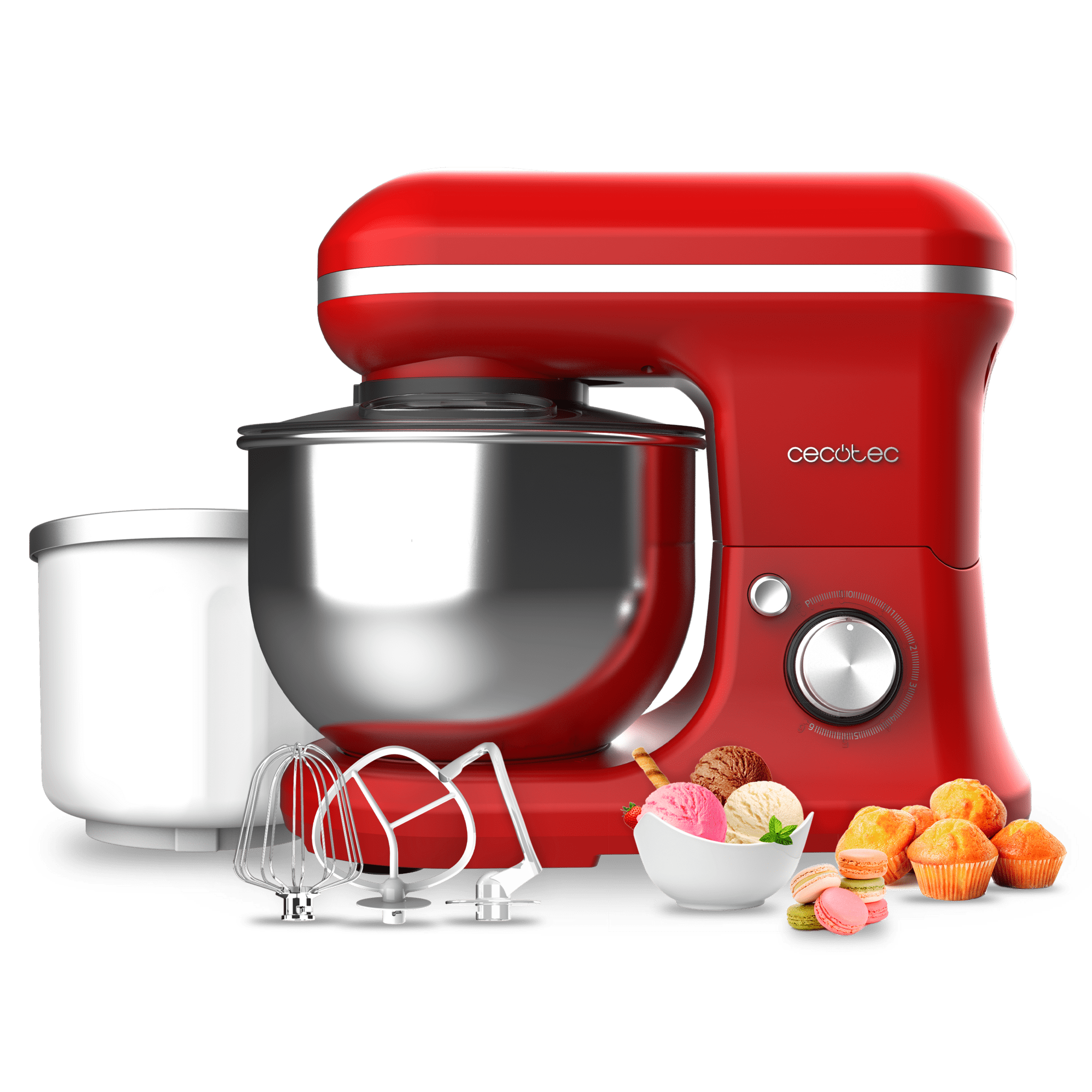 Cecomixer Meringue 5L 1200 Ice-Cream Red Mixer Mixer mit 5 Funktionen, elegantem Design und Zubehör zum Mischen und Kneten. Mit Funktion zur Eiszubereitung.