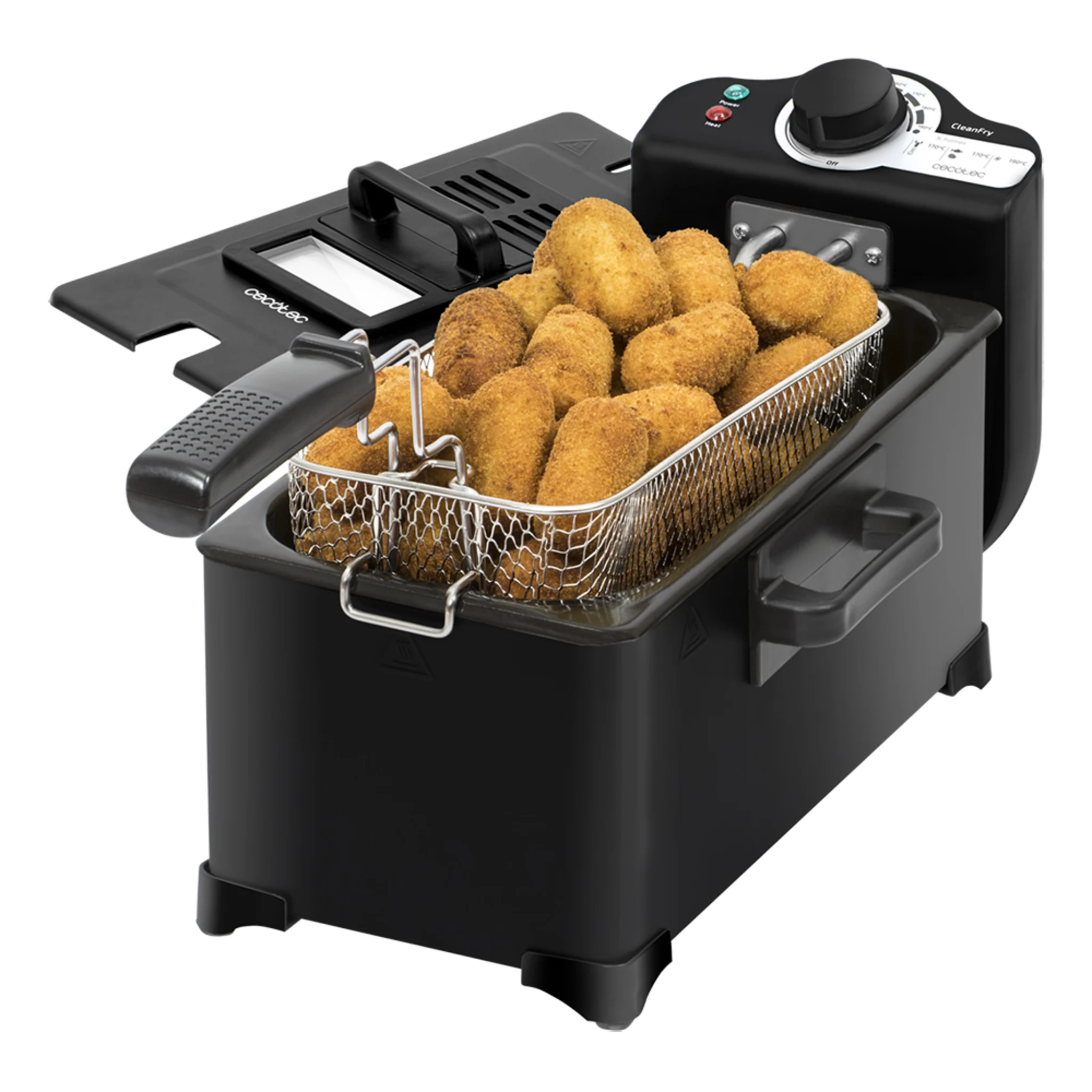 CleanFry 3l Fritteuse. 2000 W, Edelstahl, OilCleaber-Filter, der das Öl sauber hält, schwarz lackiert und 3 Liter Fassungsvermögen. Mit Glas und Anti-Geruchsfilter abdecken