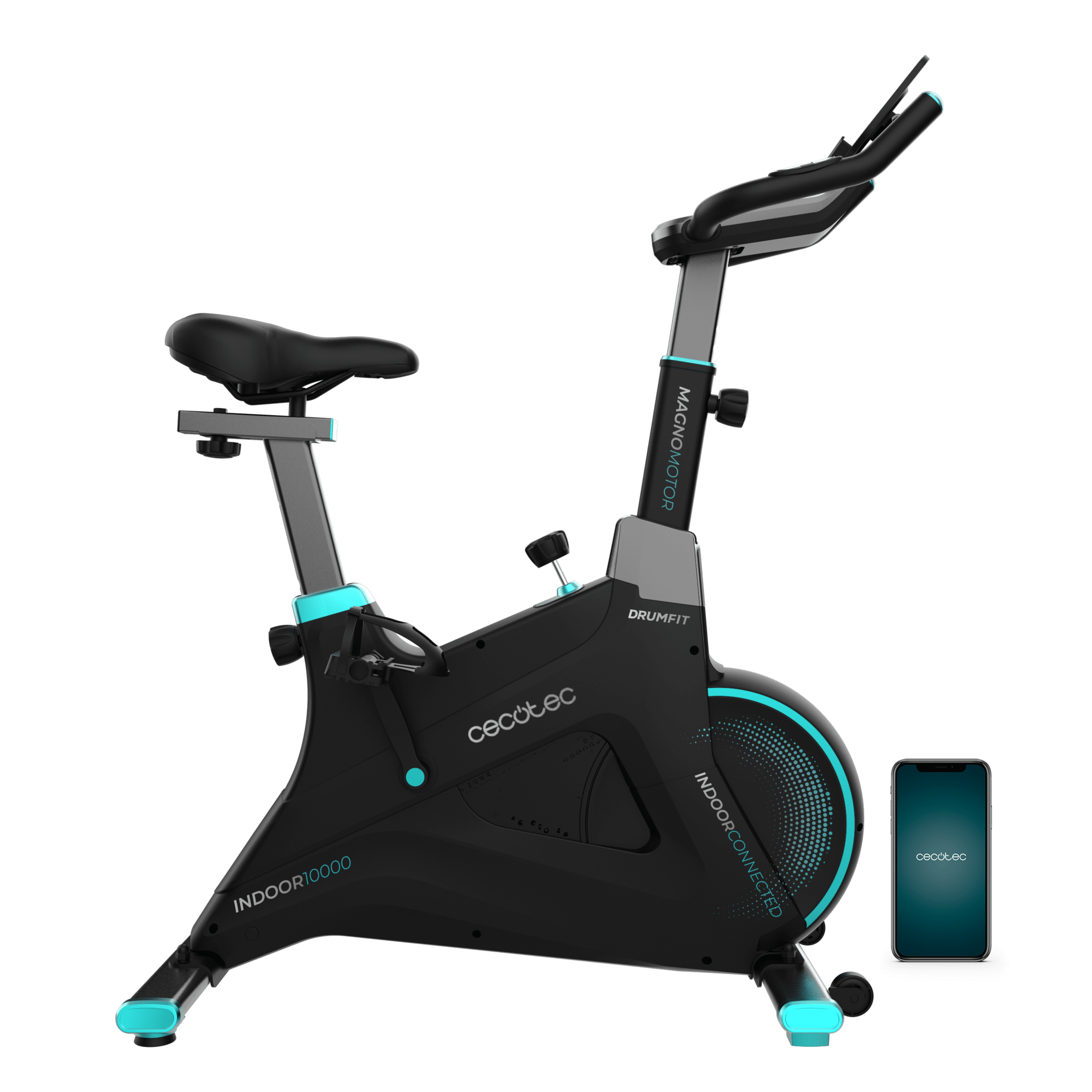 DrumFit Indoor 10000 MagnoMotor Connected Indoor-Fahrrad mit magnetischem Widerstandssystem. Motorisierter Widerstand. APP. 10-kg-Schwungrad. Geräteunterstützung. Transporträder. Pulsometer. Maximales Gewicht 120 kg und maximale Körpergröße 190 cm.