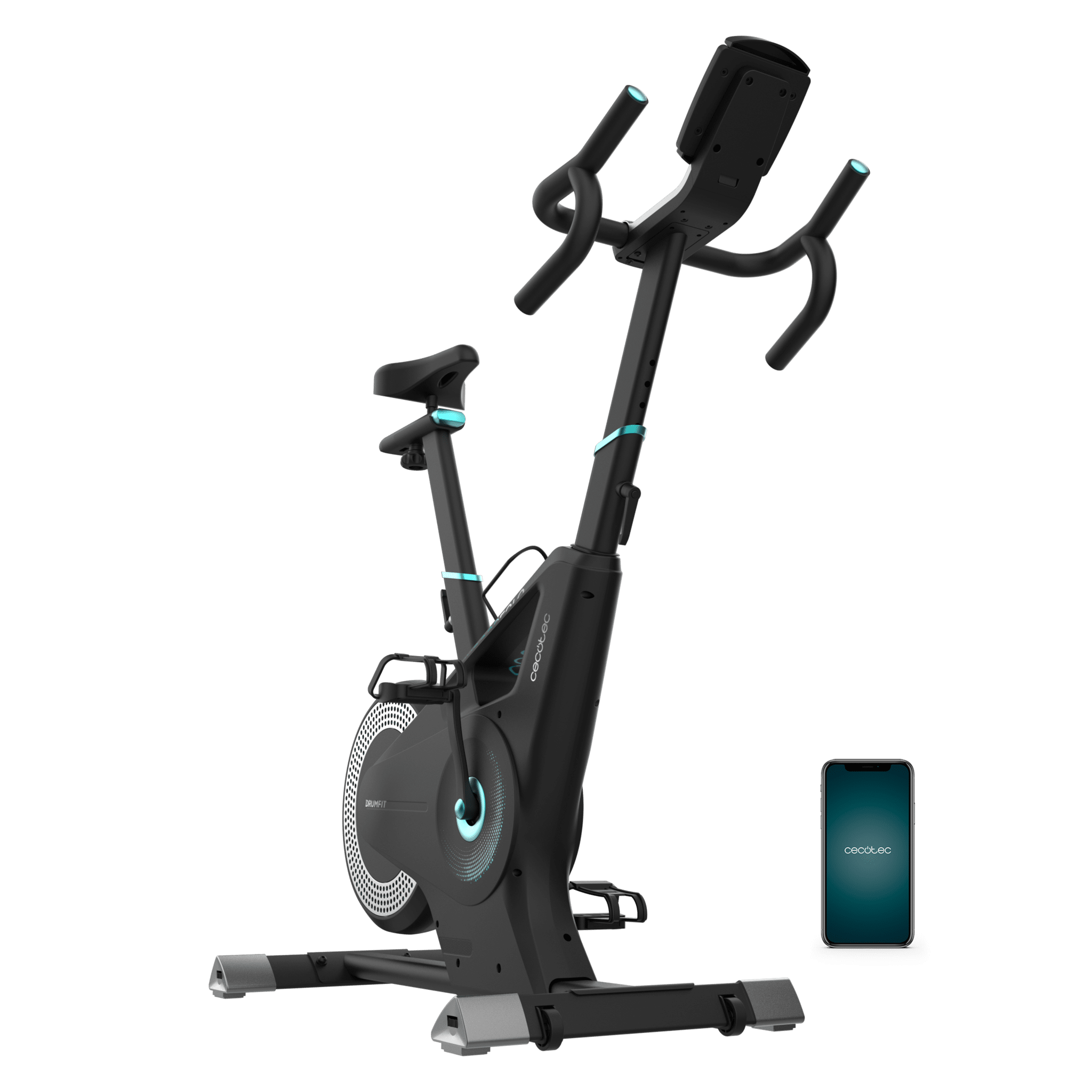 DrumFit Indoor Eolo Indoor-Fahrrad mit kombiniertem Widerstand: Luft und Magnet. APP. Geräte- und Flaschenhalter. Herzfrequenzmesser mit Brustgurt. Runde LED-Anzeige. Sportlenker. Schwungrad 6 kg. Maximales Gewicht 150 kg und maximale Höhe 190 cm.
