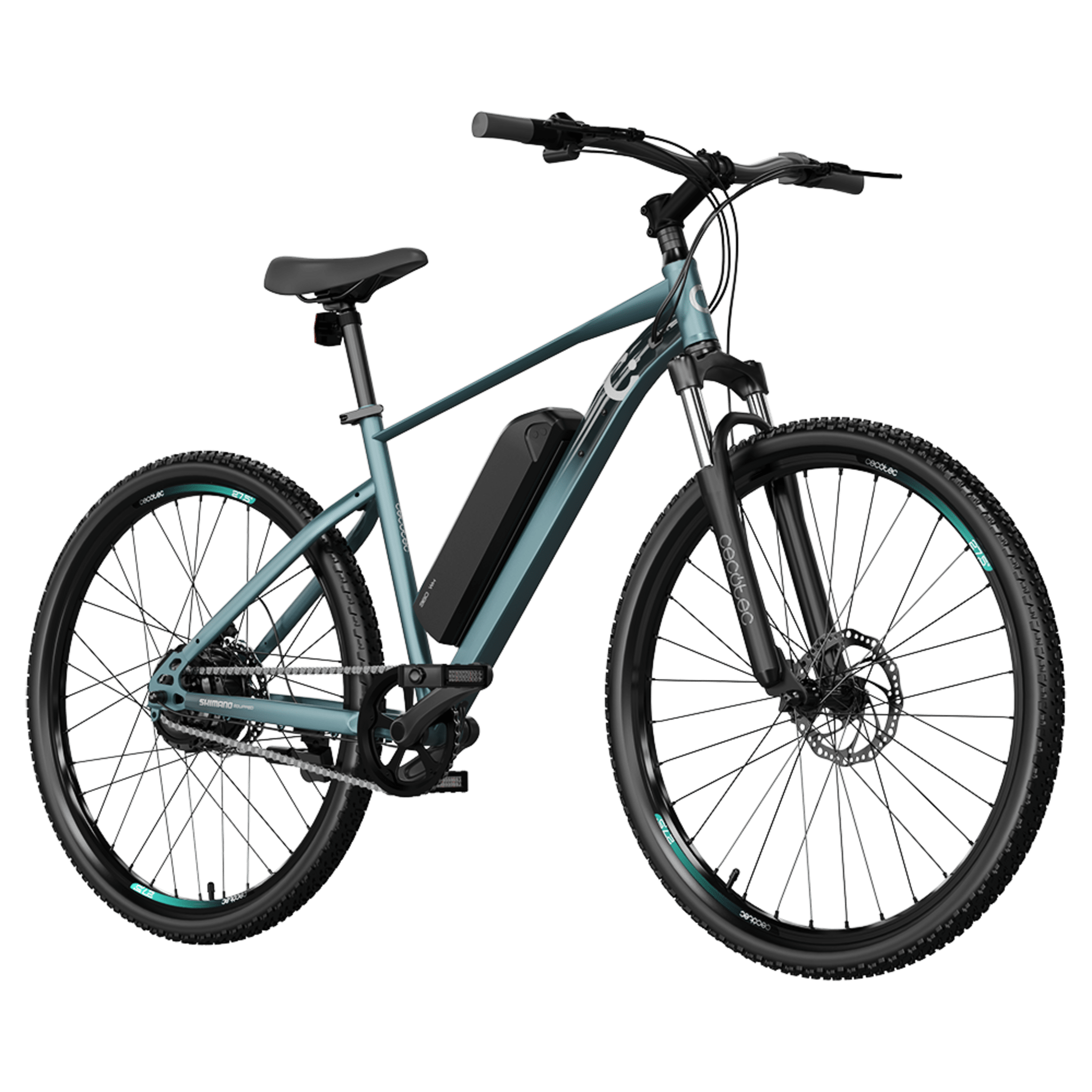 E-Xplore Elektro-Mountainbike mit austauschbarem Akku mit 55 km Reichweite, 27,5-Zoll-Vorderradaufhängung, 7-Gang-Shimano-Getriebe und Doppelscheibenbremsen.