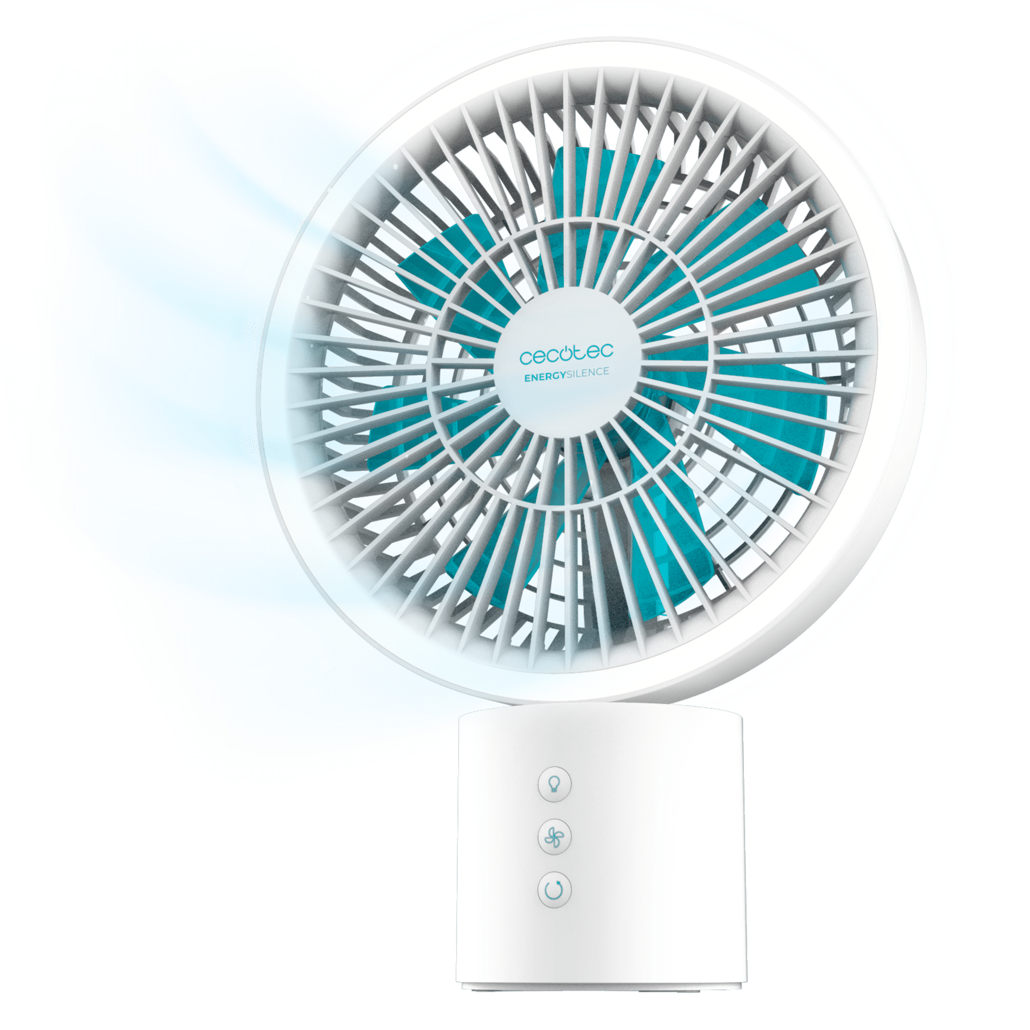 EnergySilence 8000 Portable Light Desk Tischventilator mit 8000-mAh-Akku, 360º-Oszillation, Lichtring mit 3 Farbtönen und 4 Geschwindigkeiten.