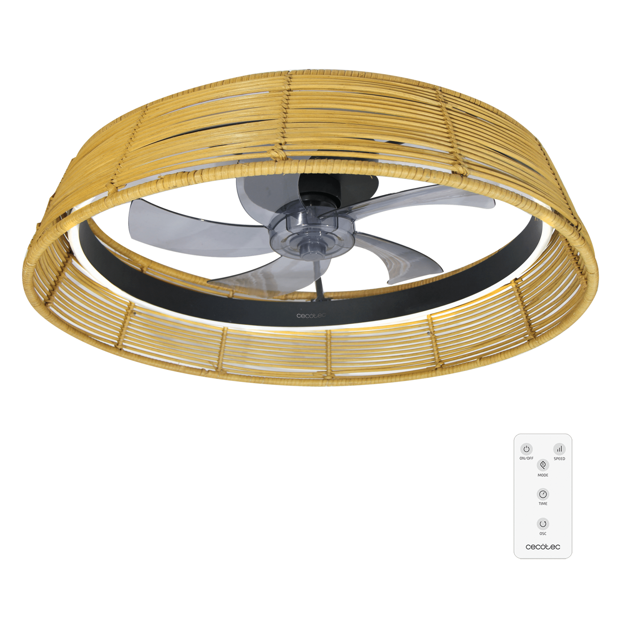 EnergySilence LampAero 600 Natur Design Design-Deckenventilator mit DC-Motor, mit einer Leistung von 20W und 40W LED-Licht, mit 5 Flügeln von 17 Zoll, Fernbedienung, 6 Geschwindigkeiten, 3 verfügbaren Lichtschattierungen, Timer und Winter/Sommer-Modus.