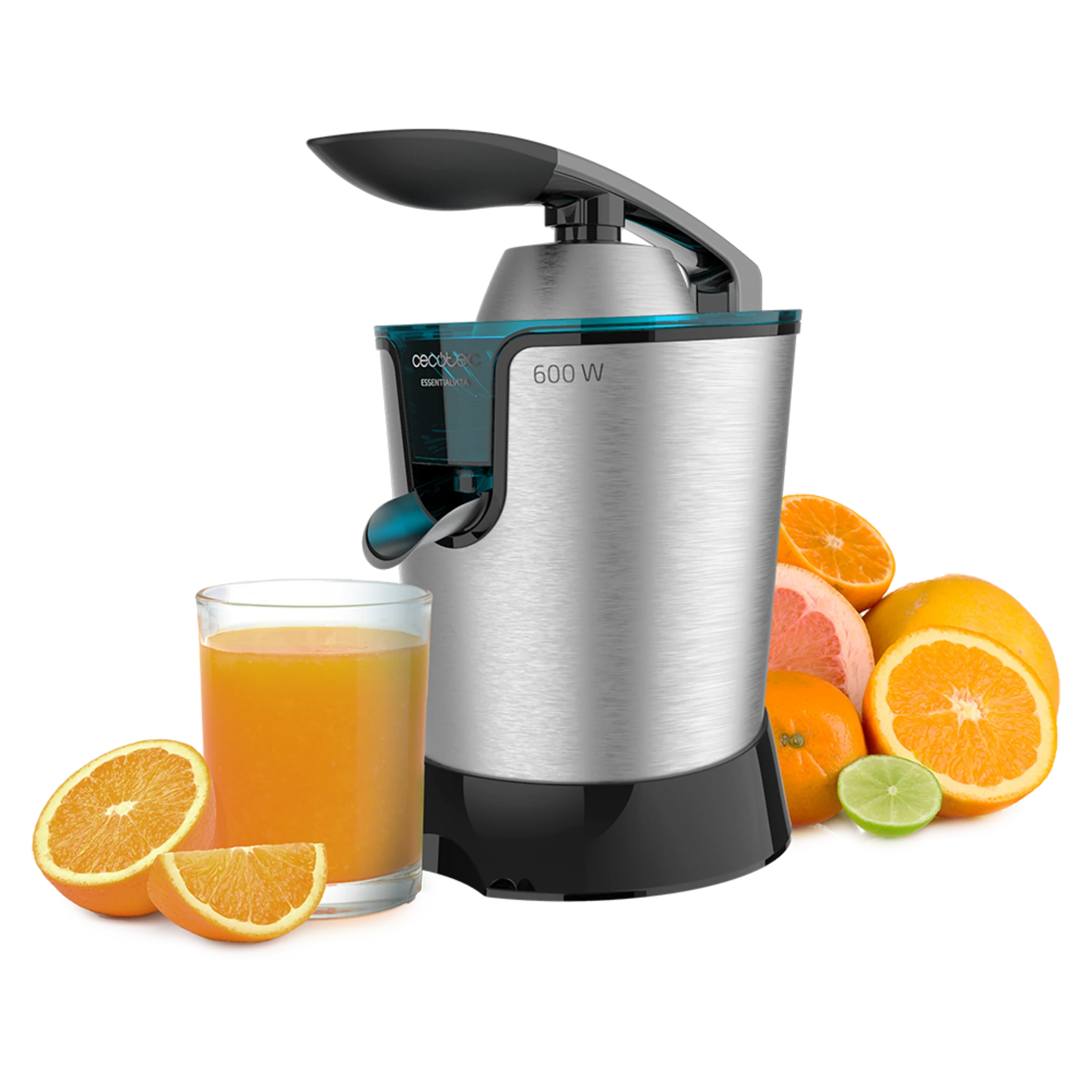 EssentialVita PowerAdjust 600 Black elektrische Hebel-Saftpresse 600W, Fruchtfleischregulator, zweiter Filter aus rostfreiem Stahl