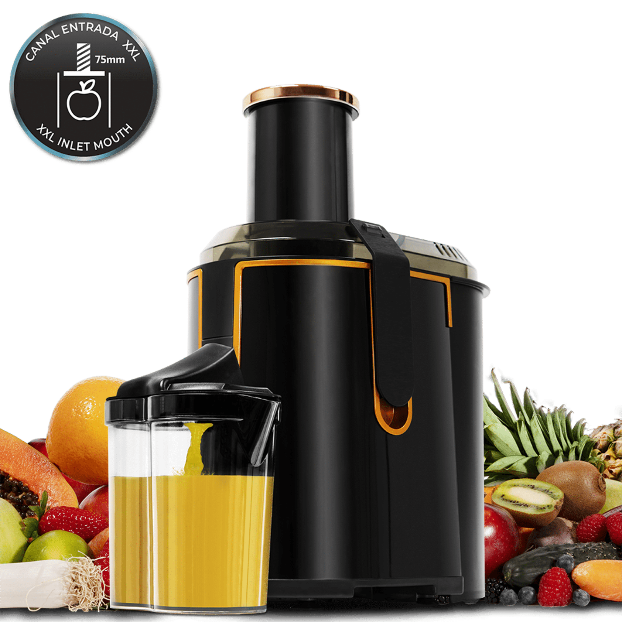 ExtremeTitanium 19000 XXL Obst- und Gemüse Entsafter, mit 19000 U/min, 1300 W, XXL 75 mm Einlasskanal, Titanscheibe, 2 Geschwindigkeiten und BPA frei.