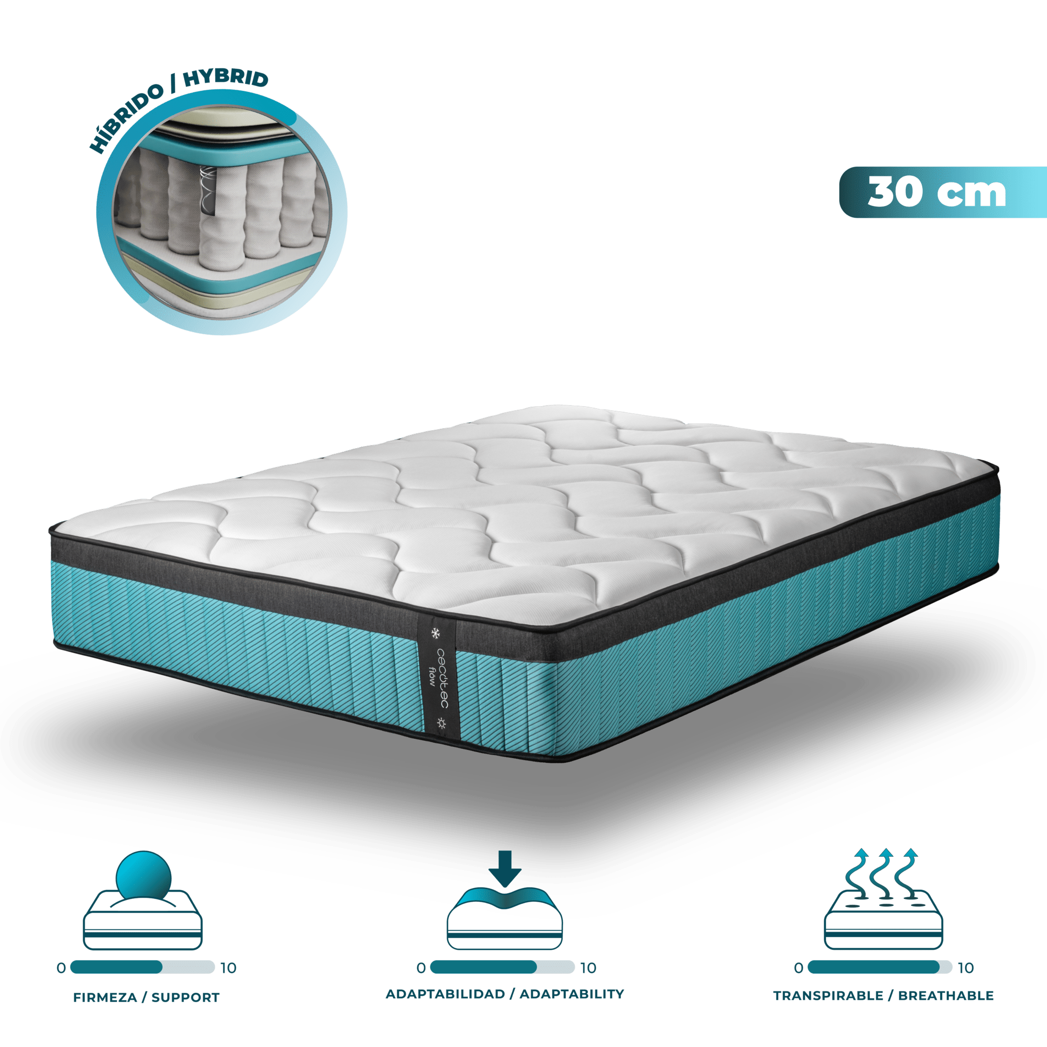 Flow 7900 Hybrid 160 x 200 Mehrschichtige Hybridmatratze mit Taschenfederkern, 30 cm Höhe und separaten UV-, Viscocare+- und Breathsoft-Technologien.