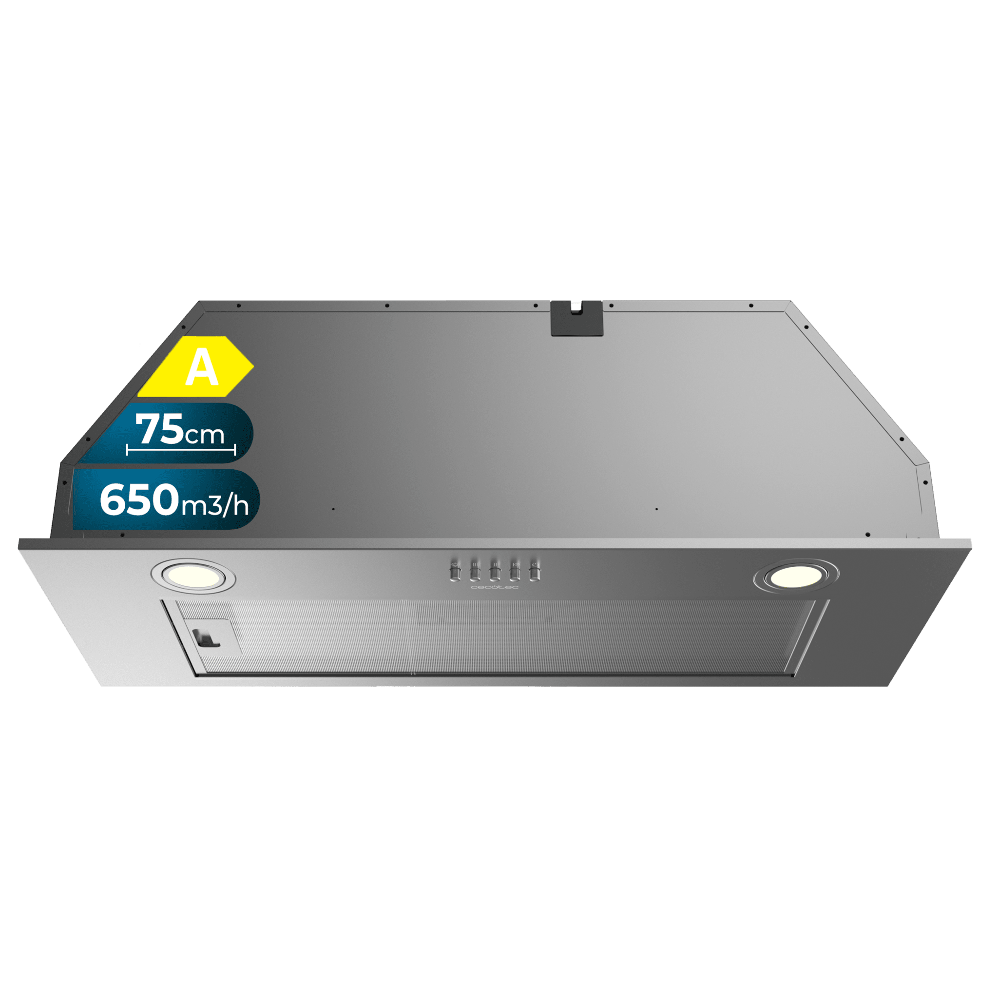 Flux IM 756500 Inox A Bolero Flux IM 756500 Inox Integrierte Dunstabzugshaube mit einer Breite von 75 cm, Ausführung in Edelstahl, Saugleistung 650 m3/h, Motor 165 W, Klasse A, mechanische Steuerung, 3 Leistungsstufen, Licht und Kohlefilter.