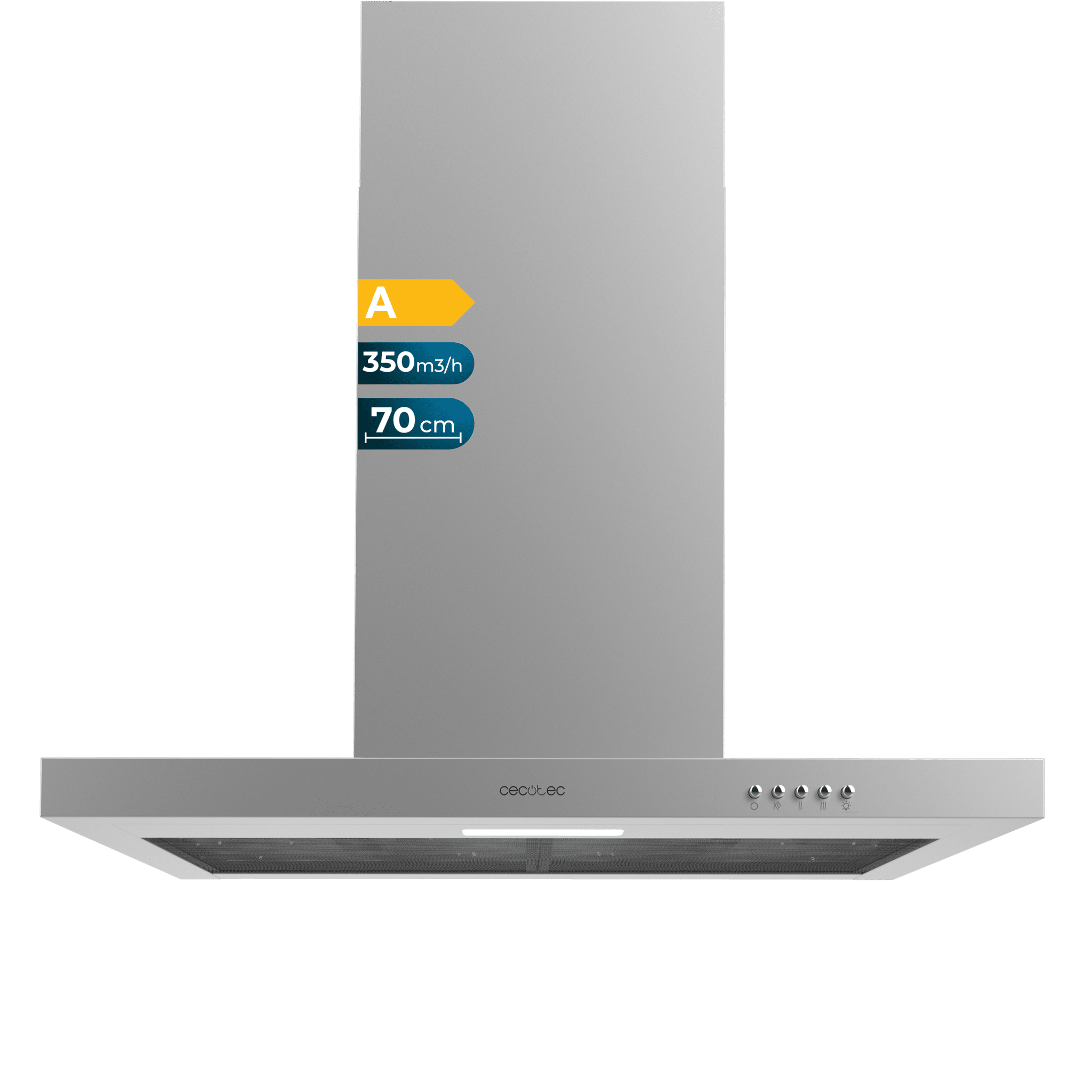 Flux TM 703500 Inox A T Bolero Flux TM 703500 Inox Eine Dunstabzugshaube, 70 cm breit, Ausführung in Edelstahl, Absaugung 350 m3/h, Motor 70 W, Klasse A, mechanische Steuerung, 3 Leistungsstufen, Licht und Kohlefilter.