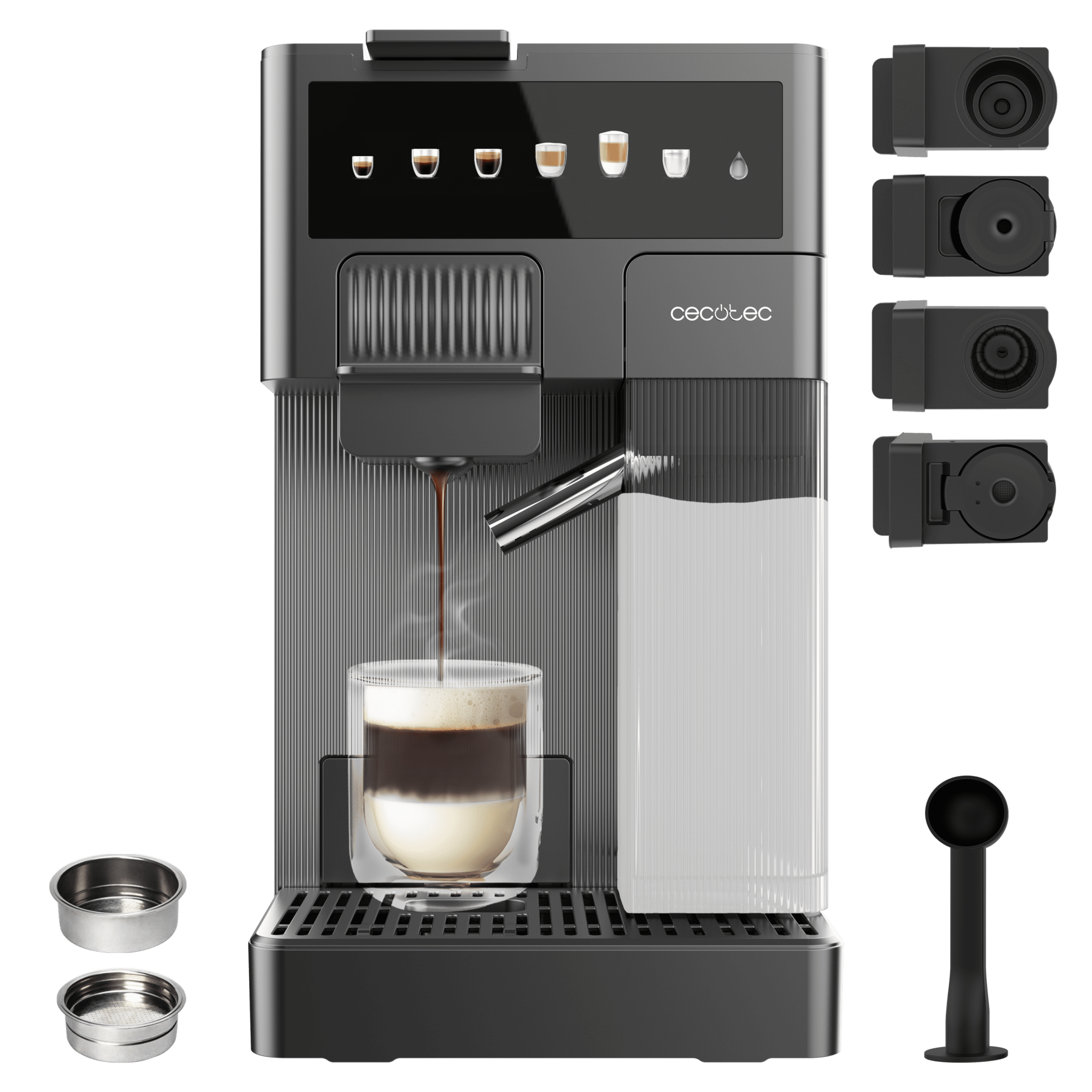 FreeStyle Latte T Sehr kompakte 4-in-1-Espressomaschine mit Milchtank. Geeignet für gemahlenen Kaffee, Dolce Gusto, Nespresso und K-fee.