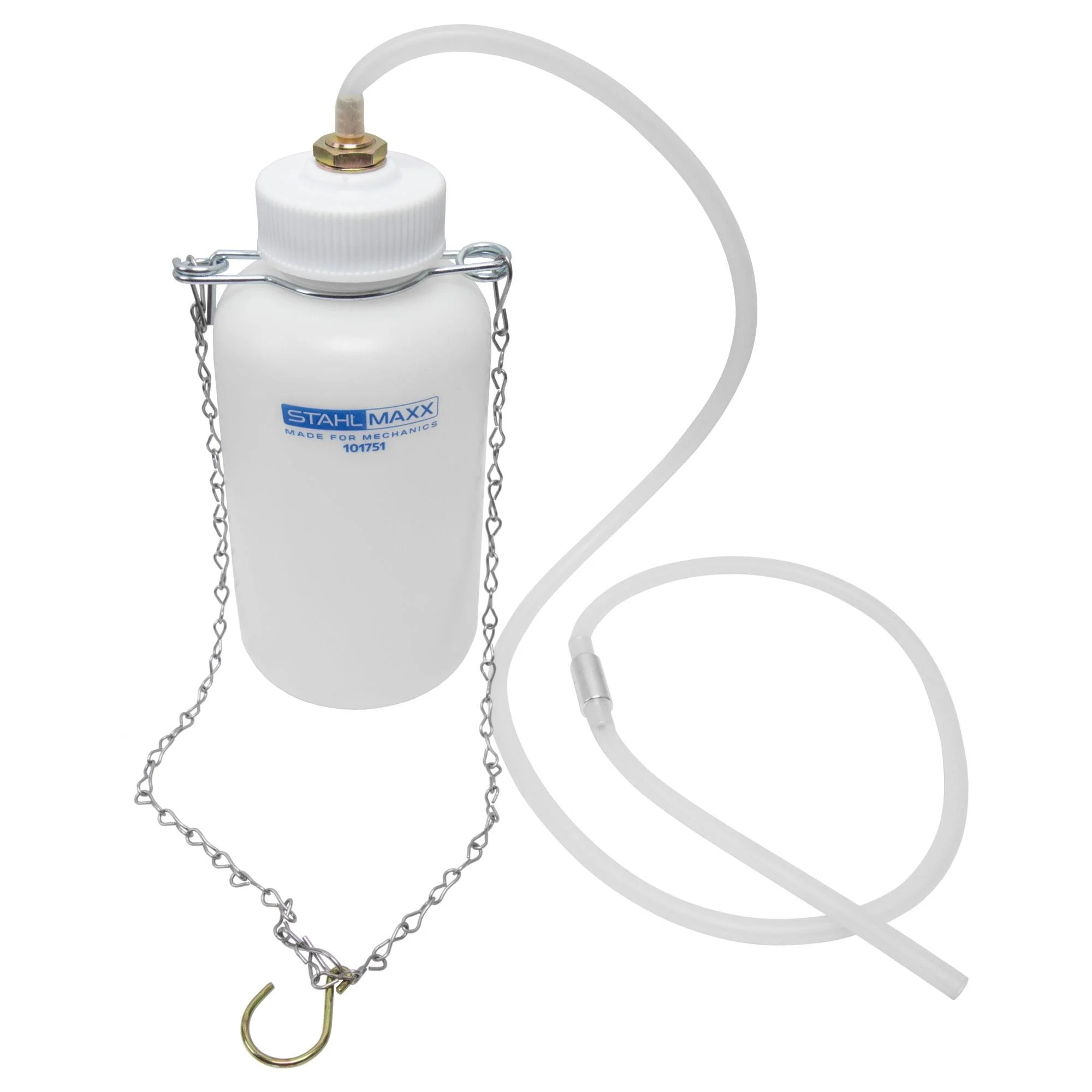 Auffangflasche für Bremsflüssigkeit, 1 l mit Kettenhalterung, Schlauch und Rücklaufstop
