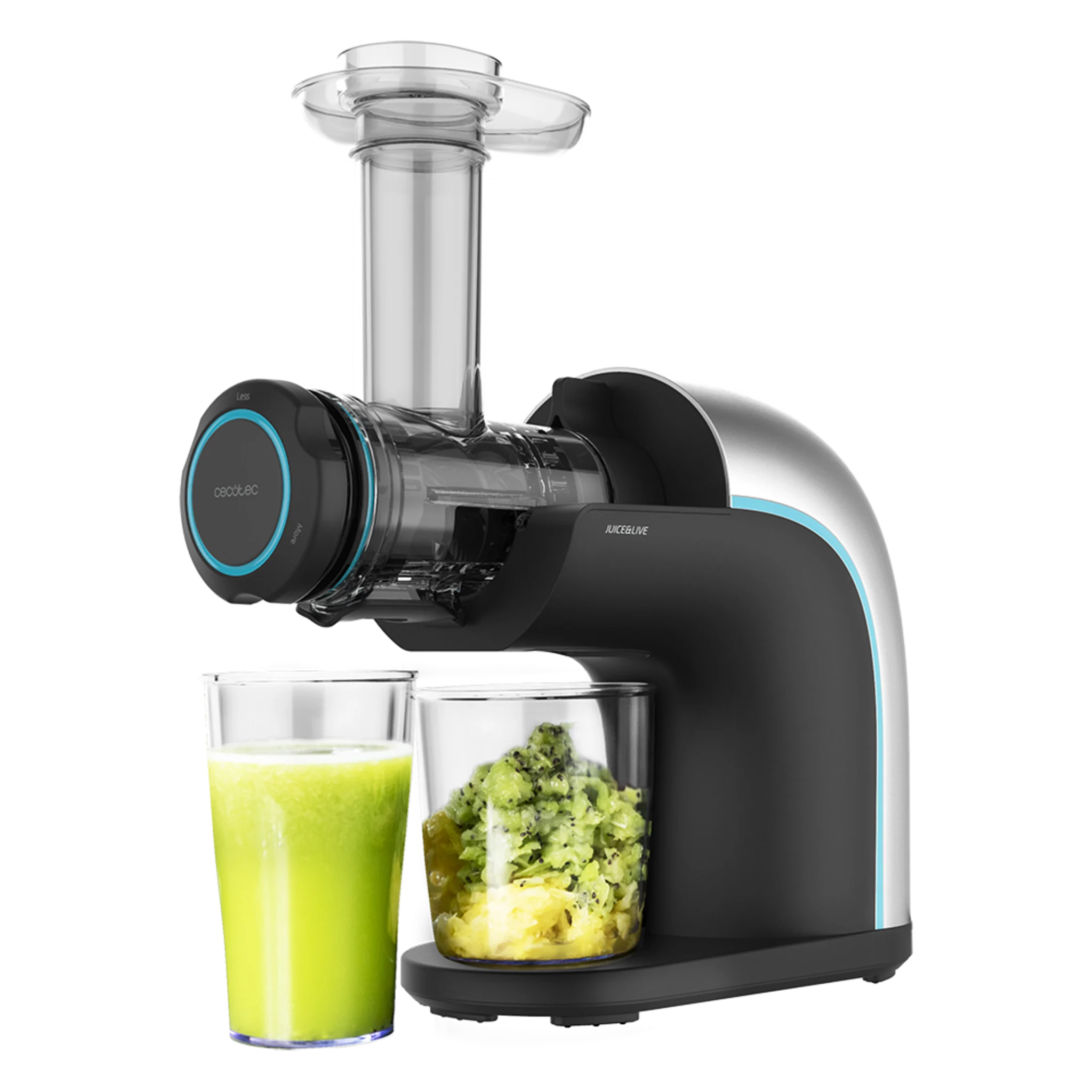 Juice&Live 2000 EasyClean Saftpresse. 150 W, EasyClean-Filter, langsame Geschwindigkeit 70 U/min, Fruchtfleischregulator, drei Pressstufen, Tropf-Stopp-Verschluss, Trommel mit zwei Auslässen