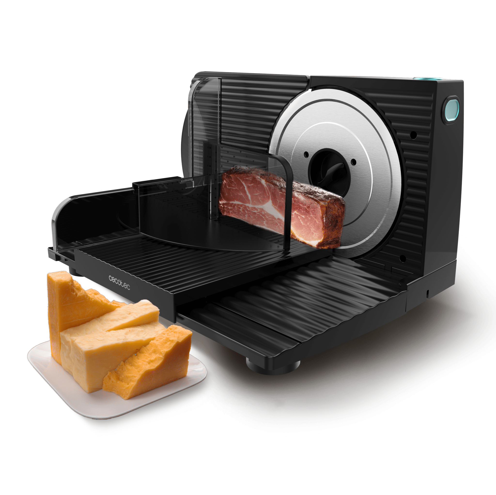 Klappbarer Fleischschneider Rock'nCut Shuriken 150 W mit einer Scheibe mit 170 mm Durchmesser und einem stufenlosen Einstellsystem mit maximaler Dickengenauigkeit von 0 bis 15 mm.