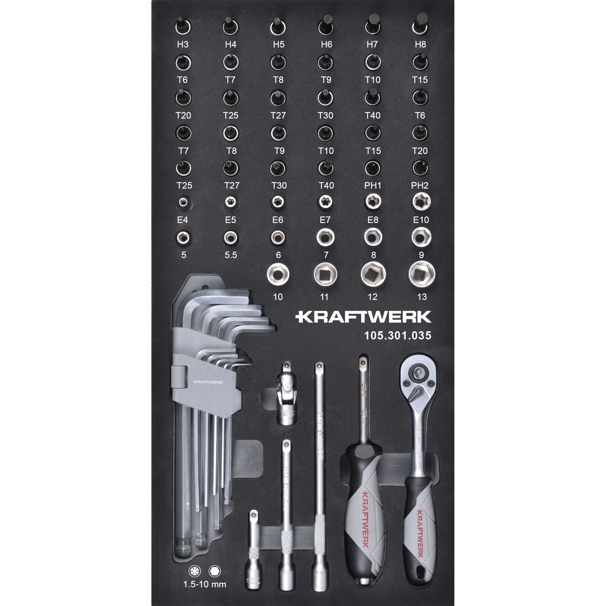 Kraftwerk BASIC LINE 1/4" Umschaltknarre mit Schraubendreher-Steckschlüsseleinsatz Set, EVA-Einlage, 20 x 40 cm, 61-tlg