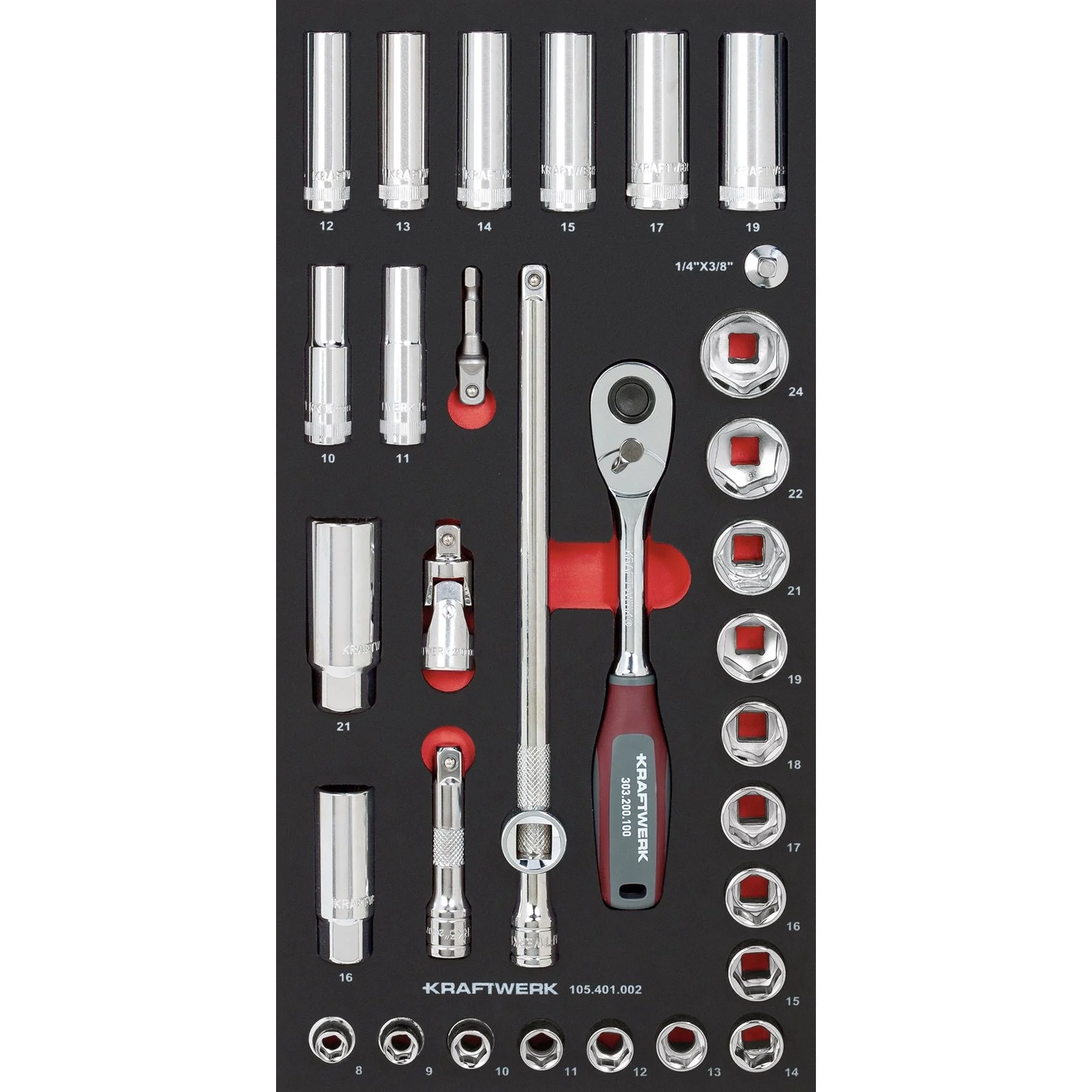 Kraftwerk PRO LINE 3/8" Umschaltknarre Steckschlüsseleinsatz Set, EVA-Einlage, 20 x 40 cm, 32-tlg