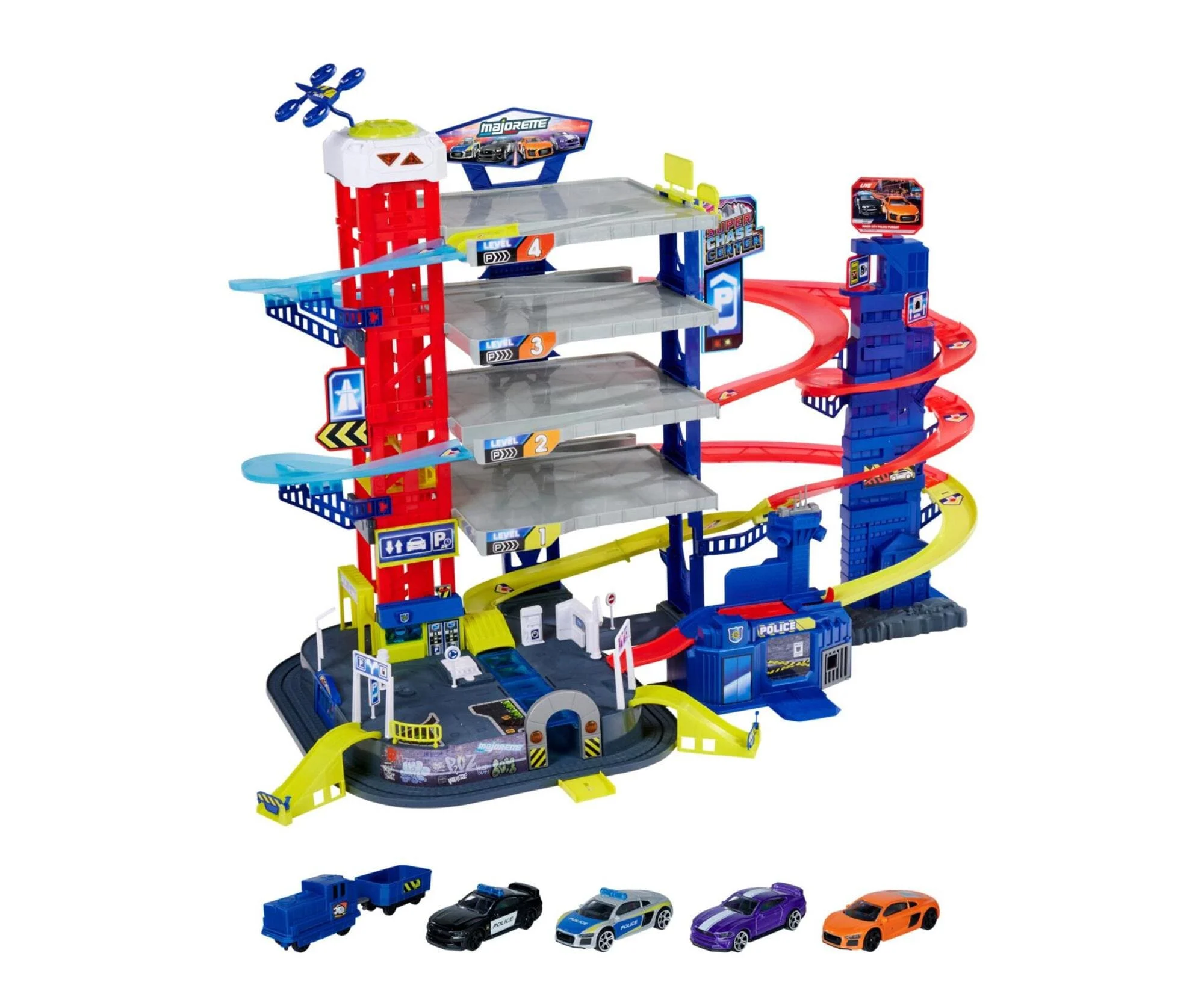 Majorette Super Chase Center XXL-Parkgarage mit 5 Autos & Licht/Sound