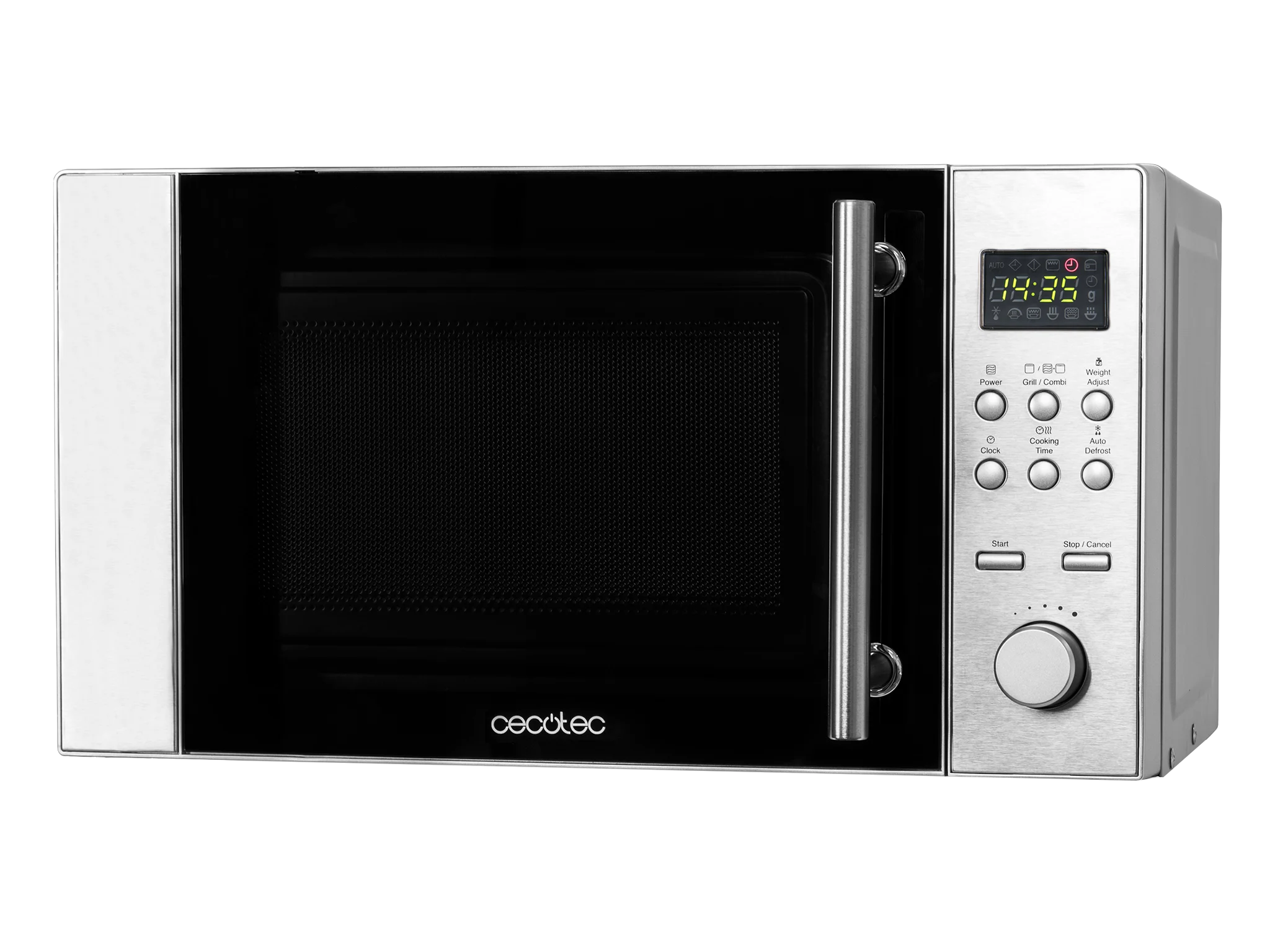 Mikrowelle mit Grill Steel Grill. 20l Fassungsvermögen, 700 Watt Leistung, 900 Watt Grillleistung, 9 Betriebsstufen, 30 min Timer, Abtaumodus, Edelstahl