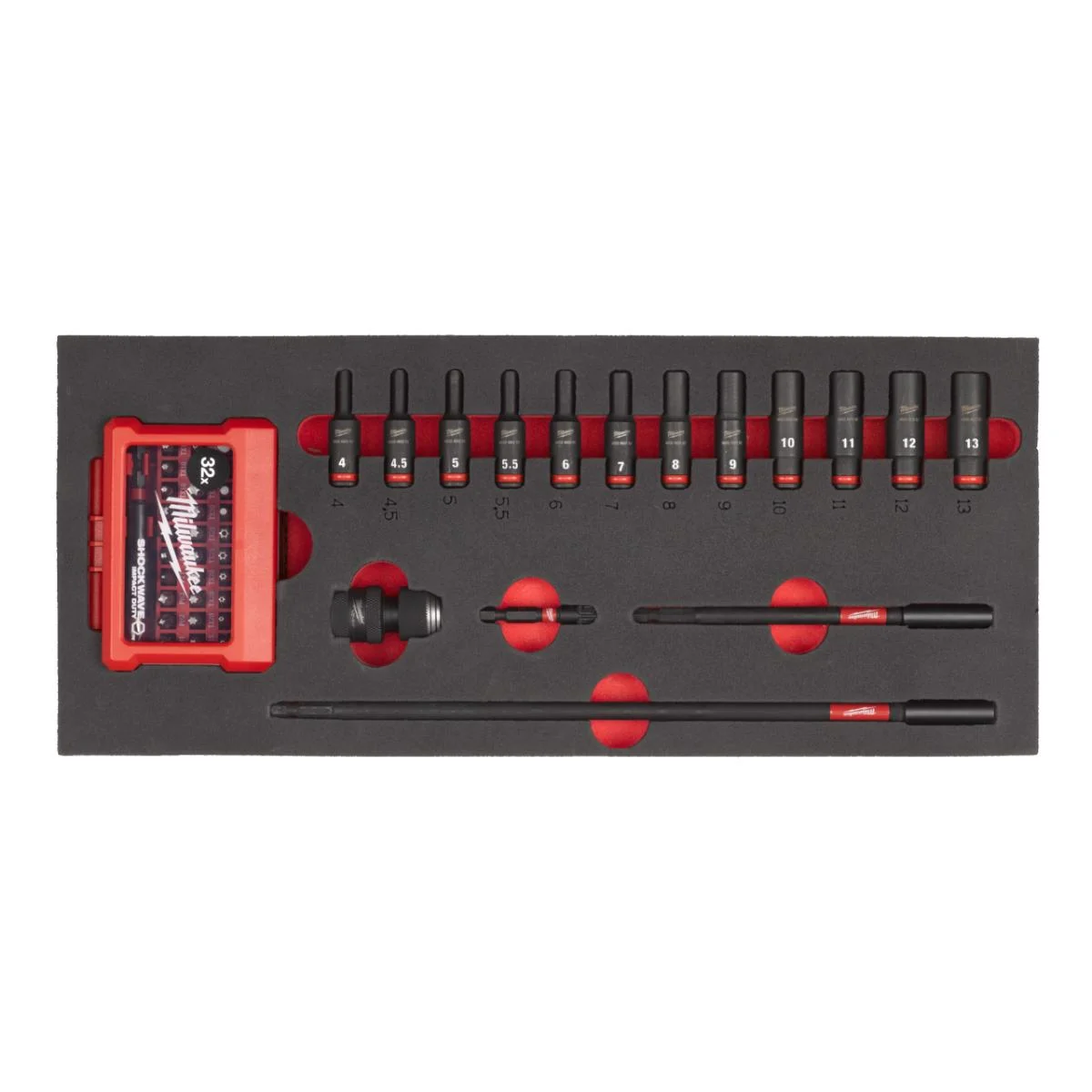 Milwaukee 1 /4 " SHOCKWAVE Schlagnüsse lang Einlage für Werkstattwagen 78 cm, 17-teiliges Set