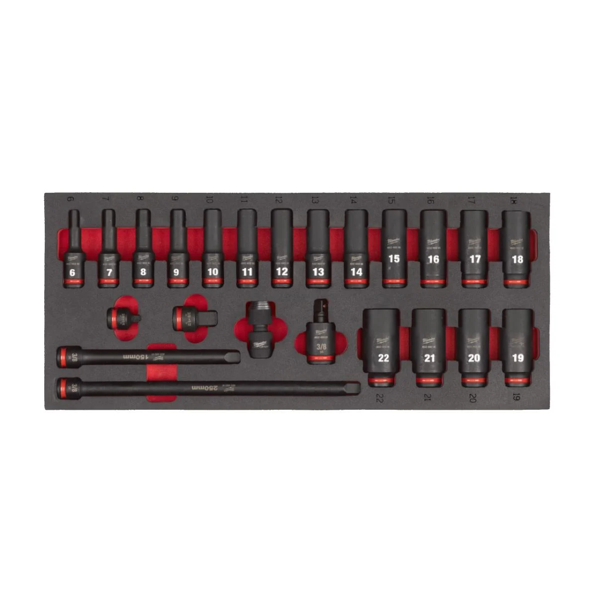 Milwaukee 3 /8 " SHOCKWAVE Schlagnüsse lang Einlage für Werkstattwagen 78 cm, 23-teiliges Set
