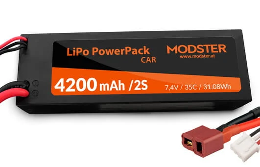 Modster Lipo Akku 2S 7,4V 4200mAh 35C T-Plug PowerPack Car Hardcas