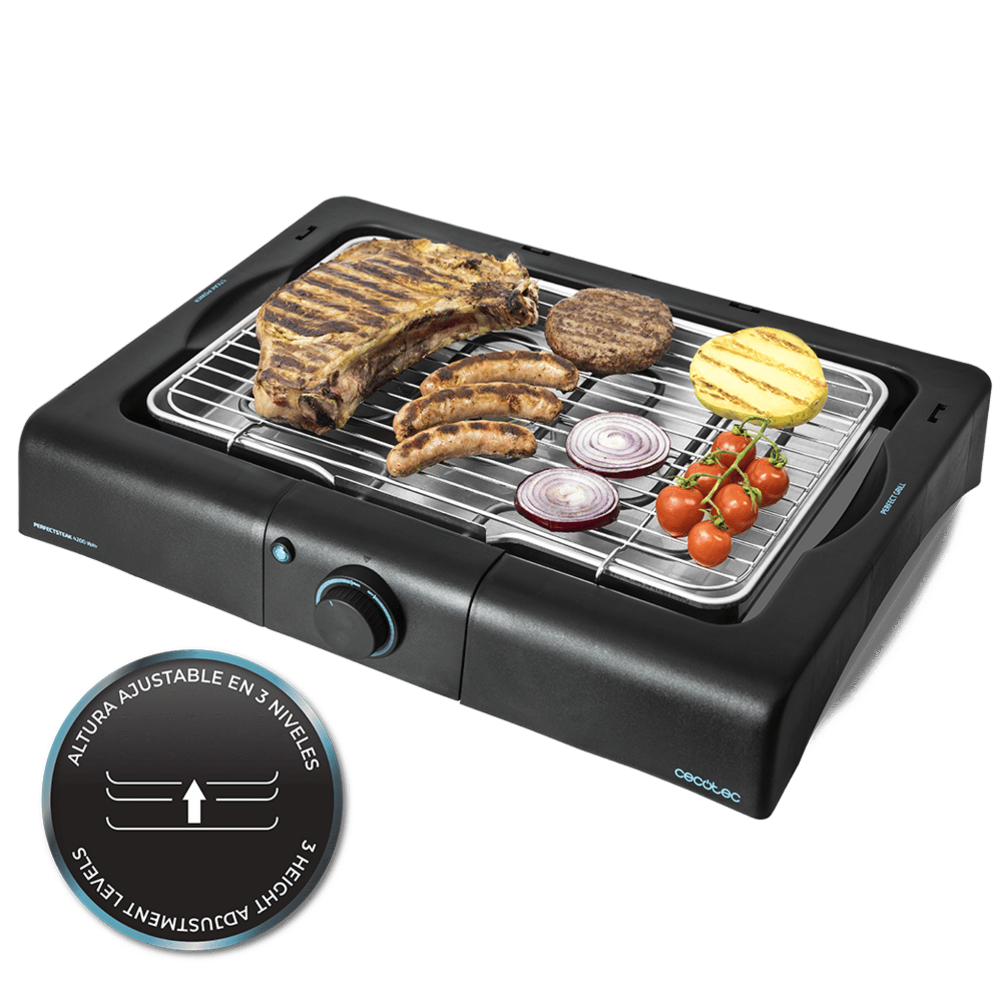 PerfectSteak 4200 Way Elektro-Tischgrill mit 2400 W, Edelstahlgrill und 3 Stufen höhenverstellbar.
