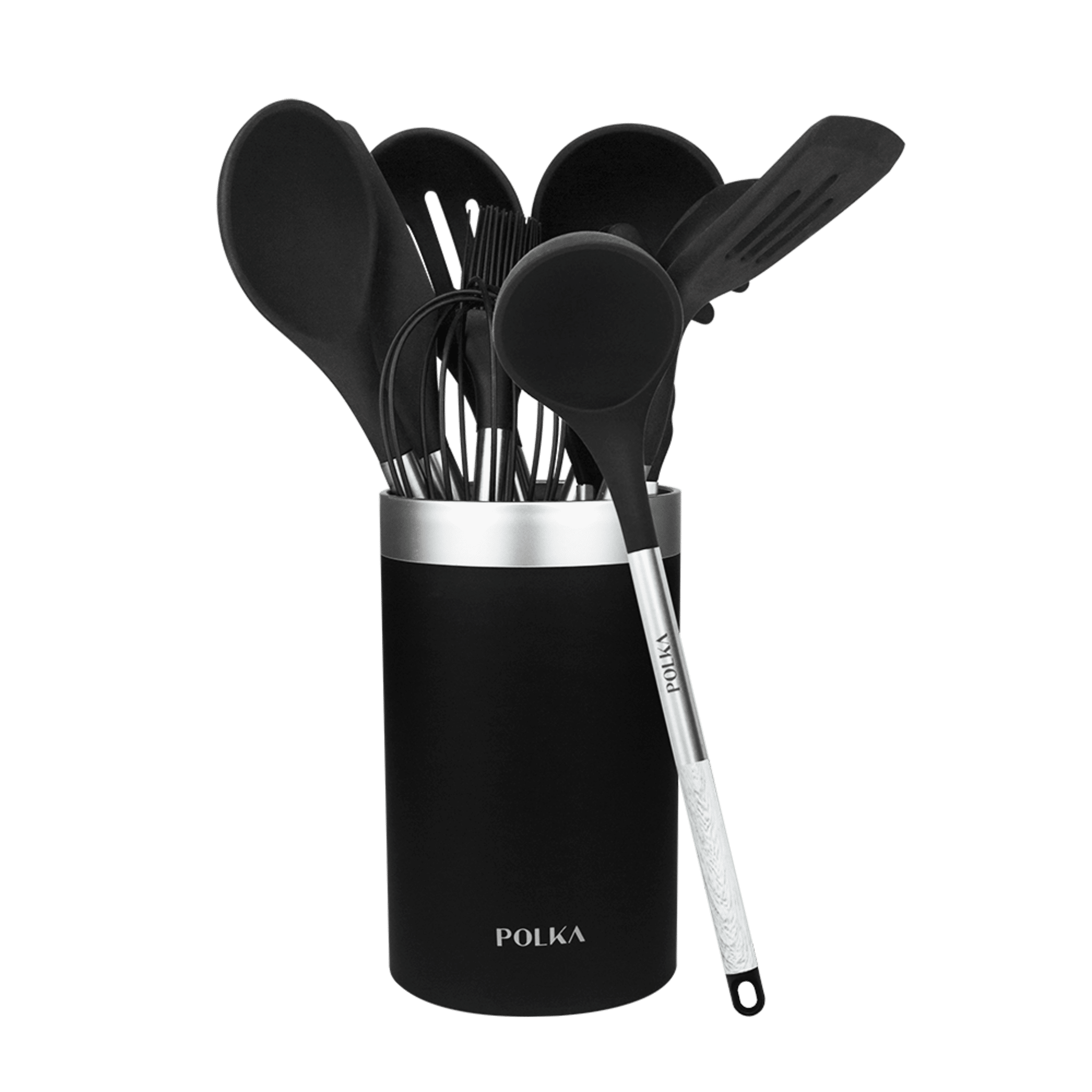 Polka Exklusives Wood&Rock Silikon-Kochgeschirr. 9-teiliges Set Schwarz, Soft-Touch-Beschichtung und Stahlgriff. Materialien: Silikon, Nylon und PP, einschließlich Polka-Halterung