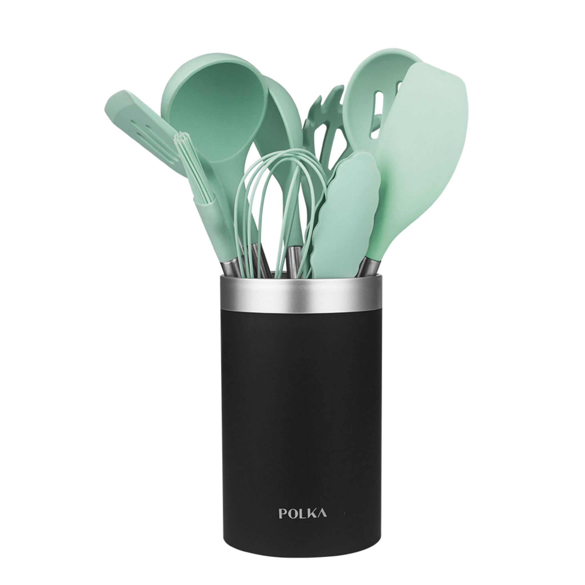 Polka Experience Shark Silikon-Kochgeschirr.Polka Experience Shark Küchenutensilien 9-teiliges Set Blau, Soft-Touch-Beschichtung und Stahlgriff. Materialien: Silikon, Nylon und PP, einschließlich Polka-Halterung