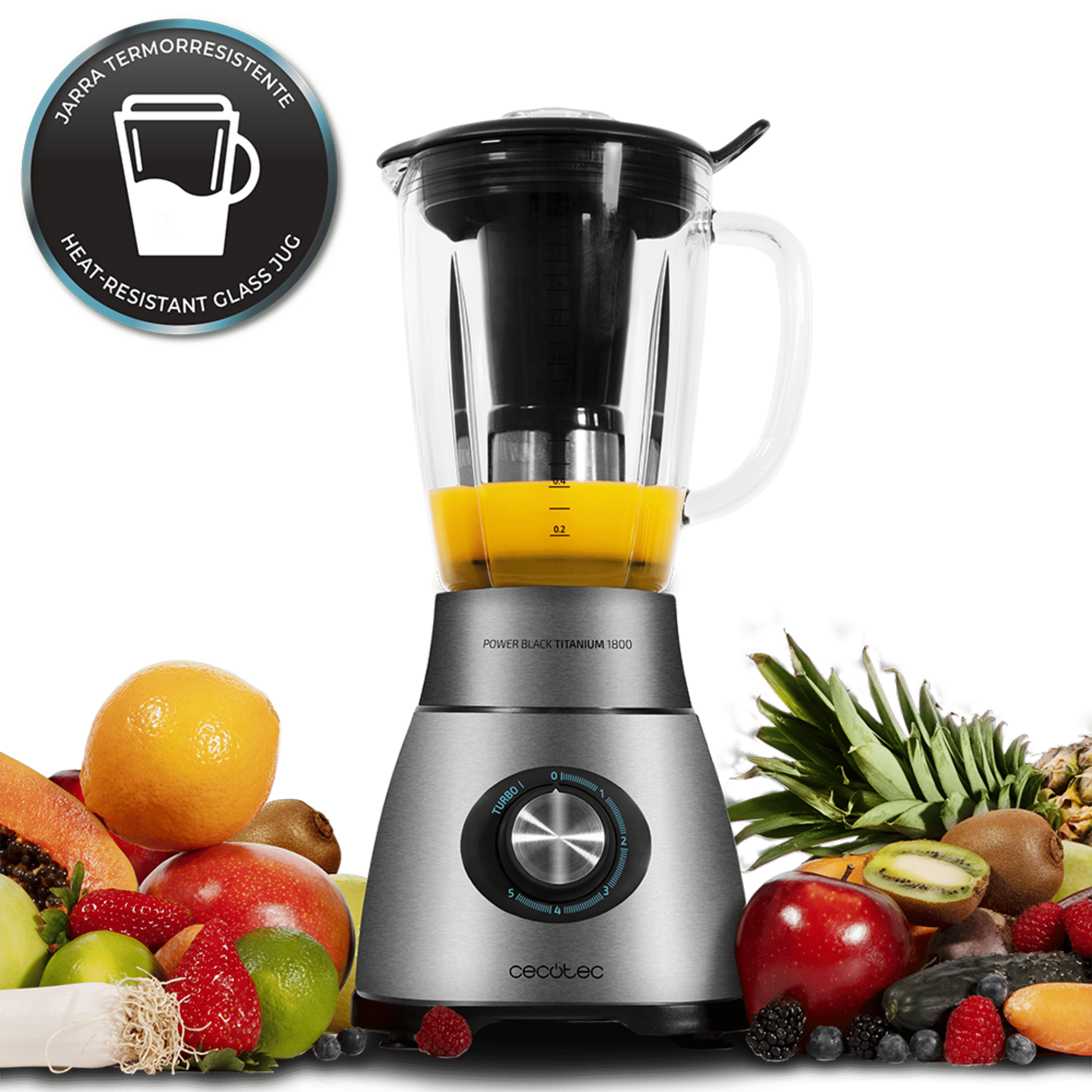 Power Black Titanium 1800 Standmixer. 1800 Watt Leistung, 6 Klingen aus schwarzem Titan, Turbo-Funktion, Smoothie-Filter, 2,1-Liter-Thermo-Krug