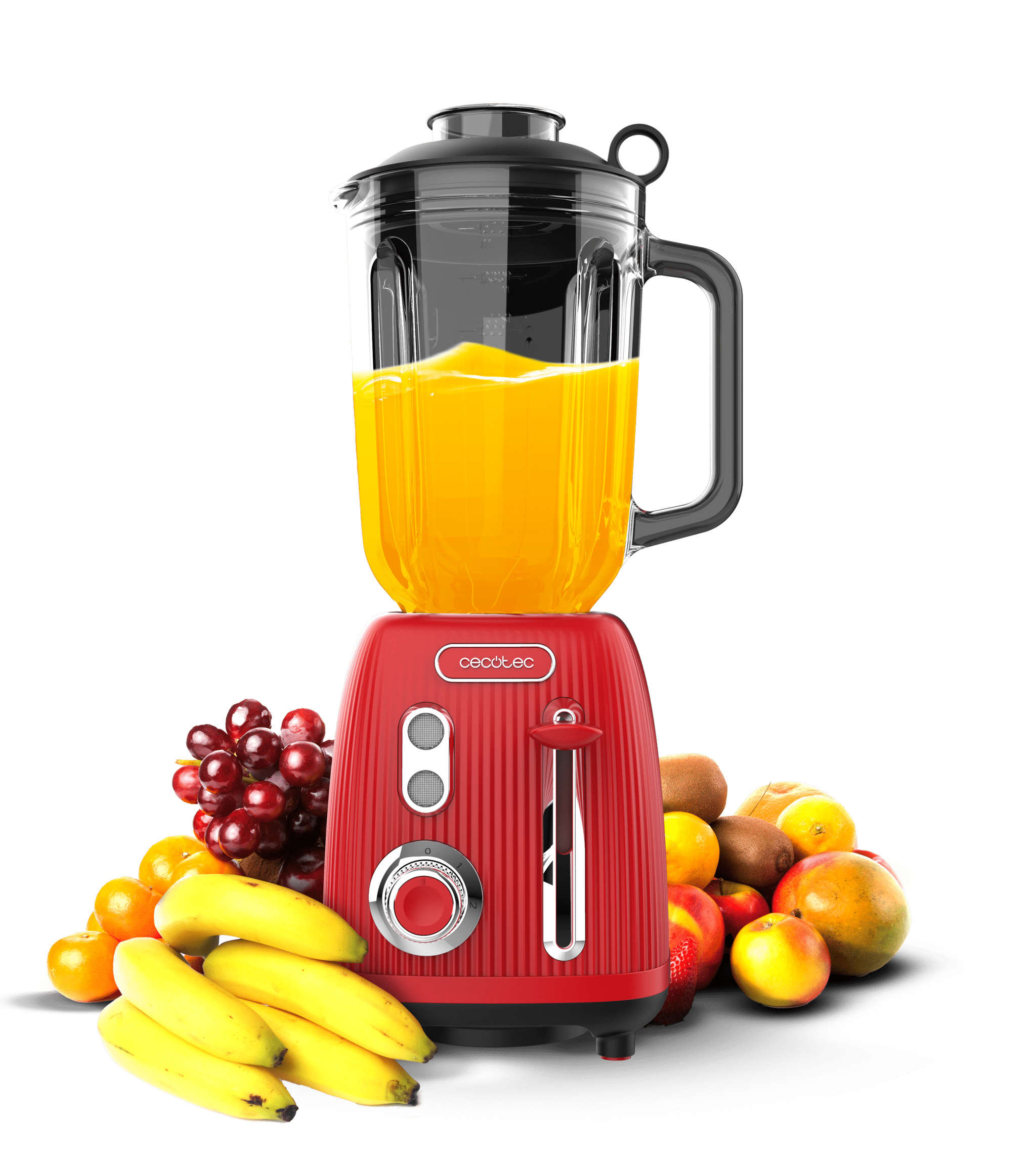 Power Black Titanium RetroRed Retro-Glasmixer mit 1200 W maximaler Leistung, 4-Blätter-Klinge mit schwarzer Titanbeschichtung und 1,5-Liter-Behälter.