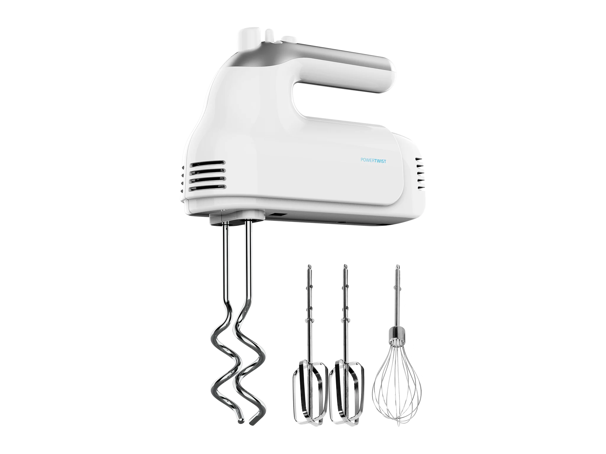 PowerTwist 500 Knetmaschine 500 Watt Leistung, 5 Geschwindigkeitsstufen, Turbofunktion, Ergonomisches Design, Zubehör: Schneebesen, Knethaken und Ballon-Rührbesen