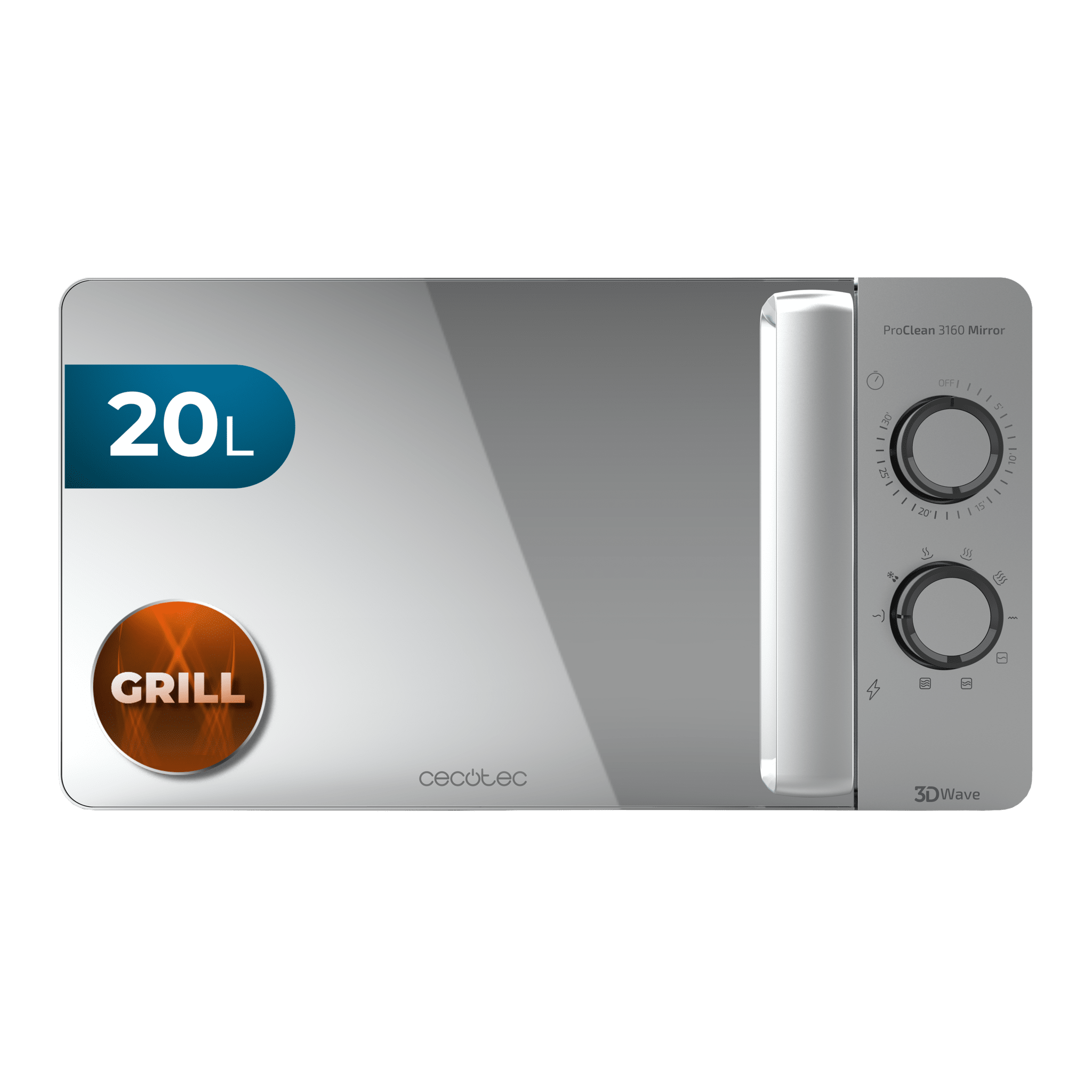 ProClean 3160 Mirror Mikrowelle 700 W mit 6 Stufen, Grill 800 W, Fassungsvermögen 20 L, Ready2Clean-Beschichtung für bessere Reinigung, 3DWave-Technologie, Timer, Spiegeleffekt-Design