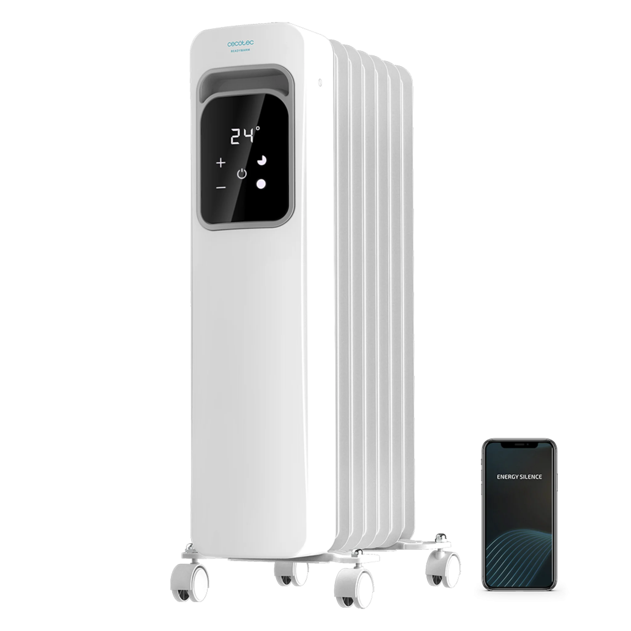 Ready Warm 7000 Touch Connected Elektrischer Ölradiator. Low Power, 7 Elemente, 1500 W, App-Steuerung, 3 Betriebsmodi, LCD-Display, Touchscreen, Timer, Räder, 15 m2