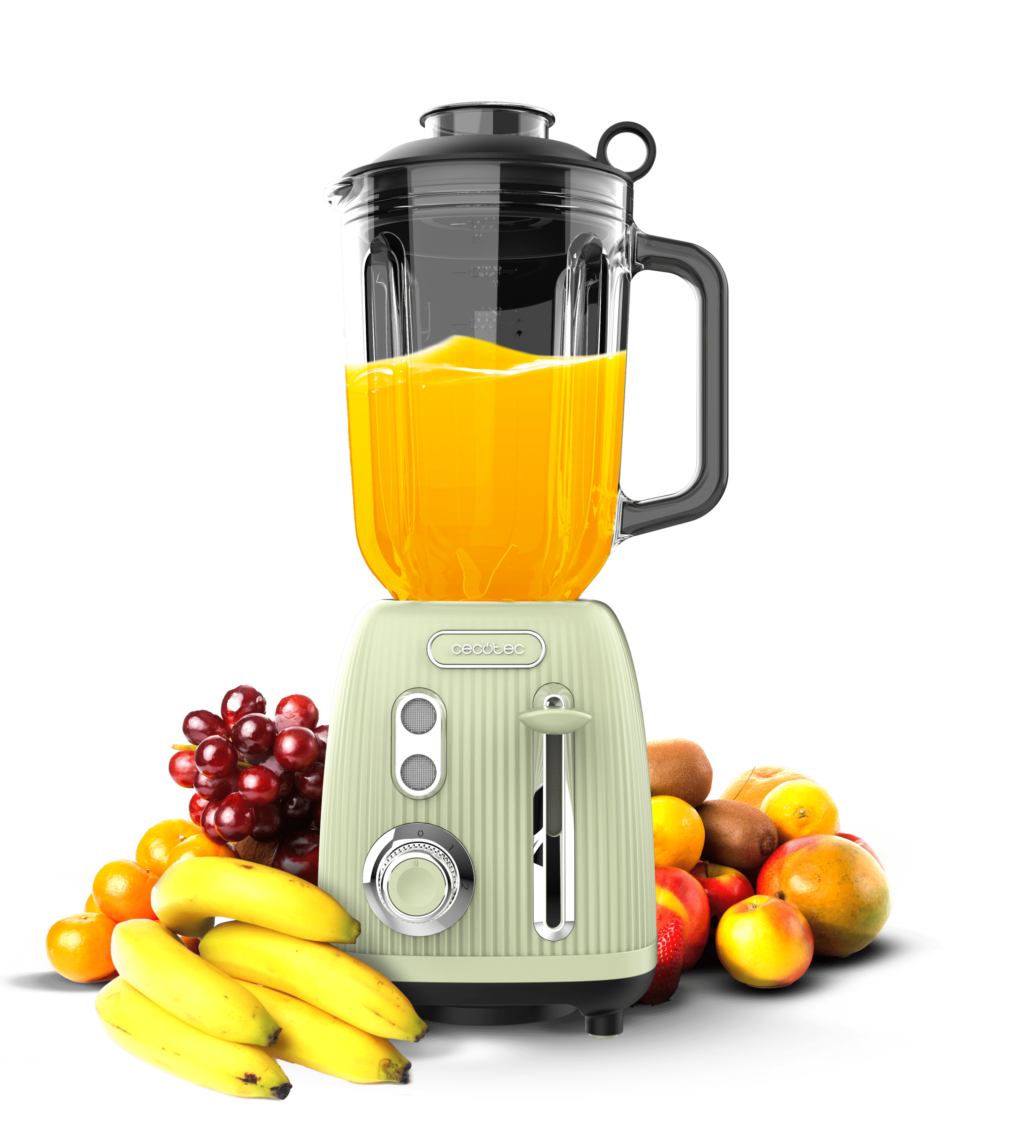 Retro-Glasmixer mit 1200 W maximaler Leistung, 4-Blätter-Klinge mit schwarzer Titanbeschichtung und 1,5-Liter-Behälter.