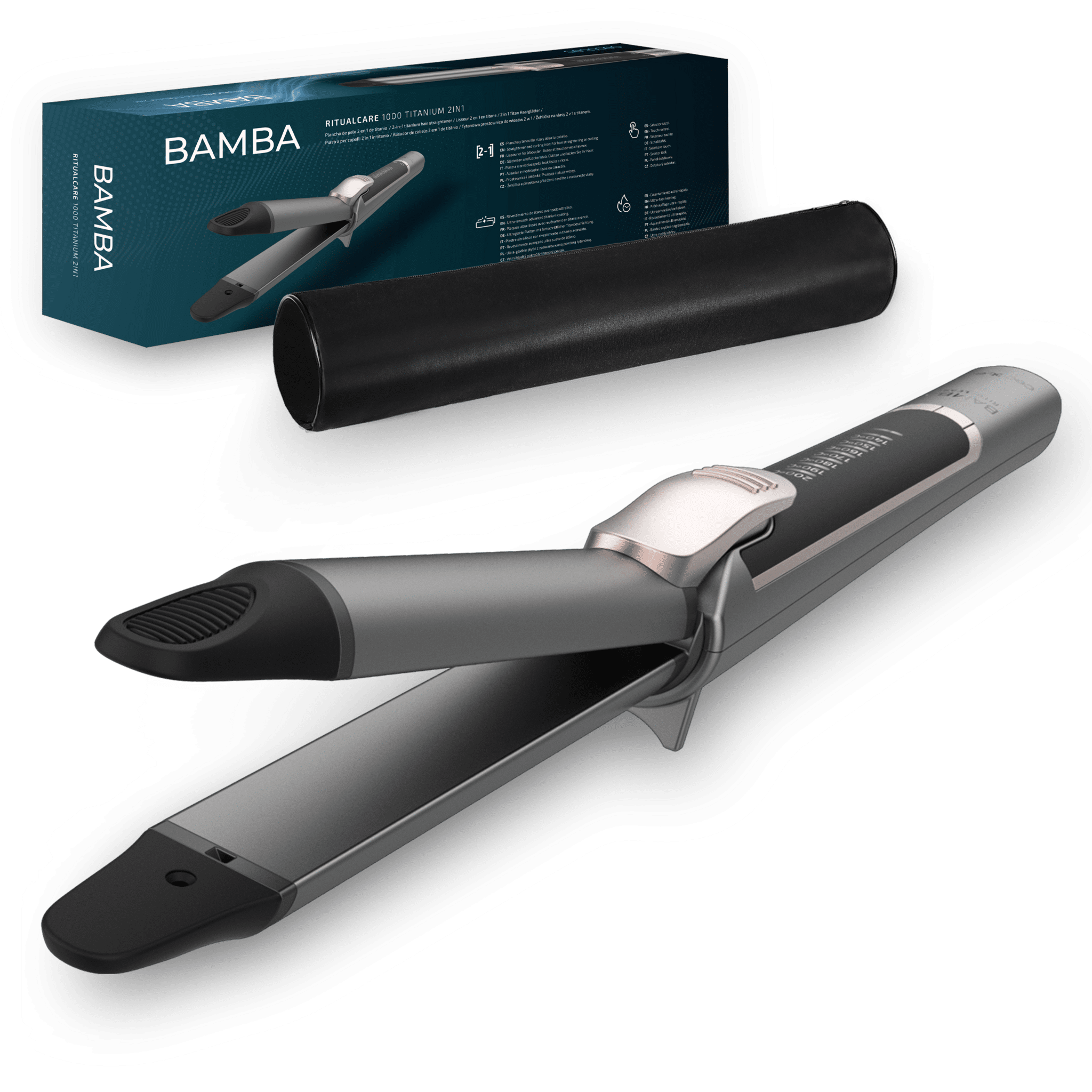 RitualCare 1000 Titanium 2in1 Glätteisen Glatteisen und Zange, Titanbeschichtung, ultraschnelles Aufheizen, Touchscreen-Auswahl, Temperaturbereich 140 bis 220 Grad