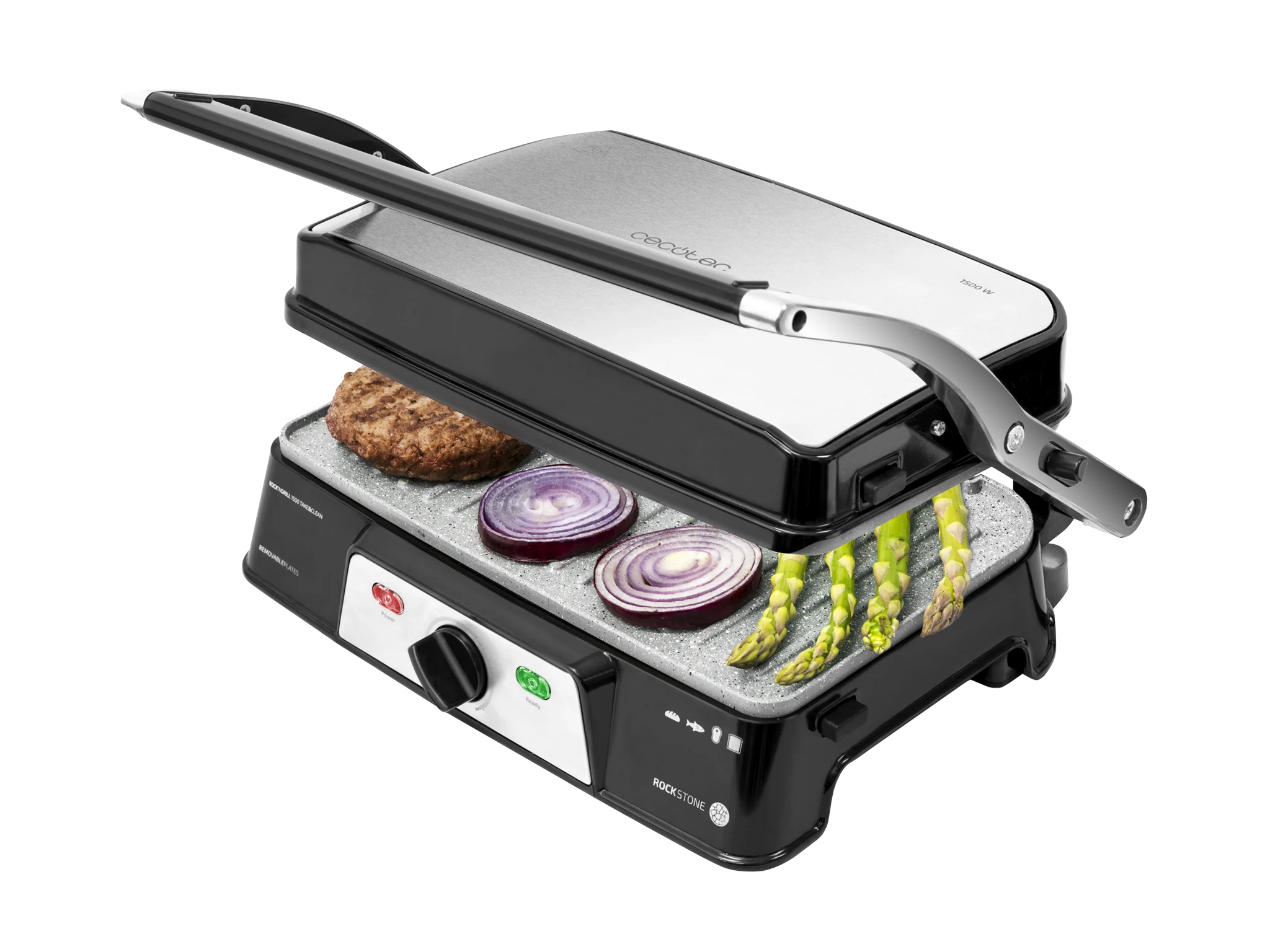 Rock'n Grill 1500 Take&Clean - Elektrogrill, RockStone-Beschichtung, abnehmbar und spülmaschinenfest, 180° Öffnung und schwimmende Platte, 1500 W, Edelstahl