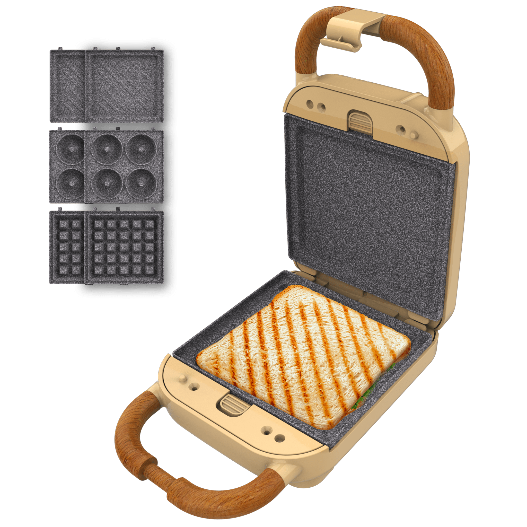 Rock'nToast Retro One Yellow Sandwichmaker im Retro-Stil mit Fassungsvermögen für ein Sandwich und 3 Paar abnehmbaren Platten.