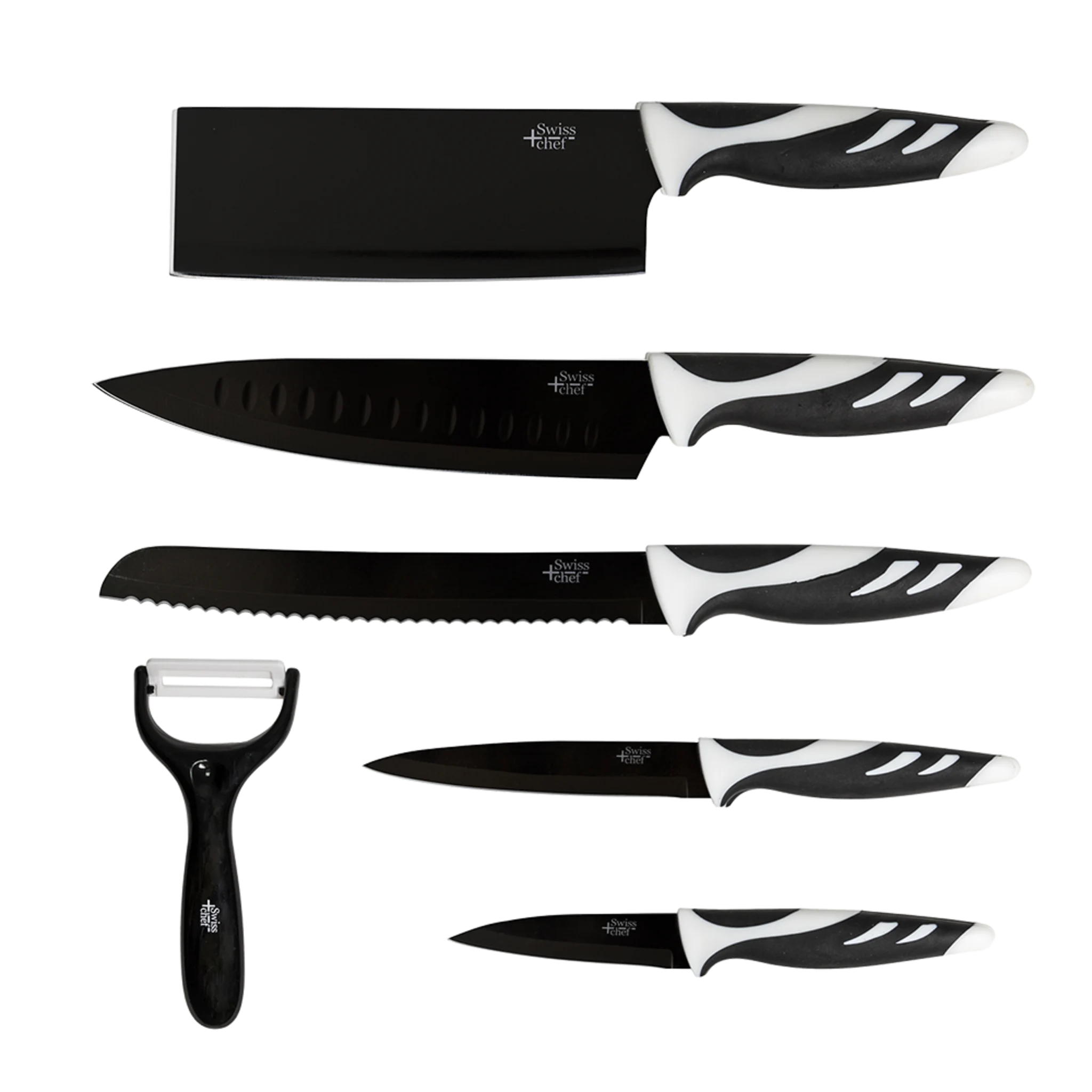 Set mit 6 hochwertigen Küchenmessern. Professionelles Messer-Set mit schweizerischem Style. Schwarze und weiße Farbe. Swiss-Chef (Schwarz)