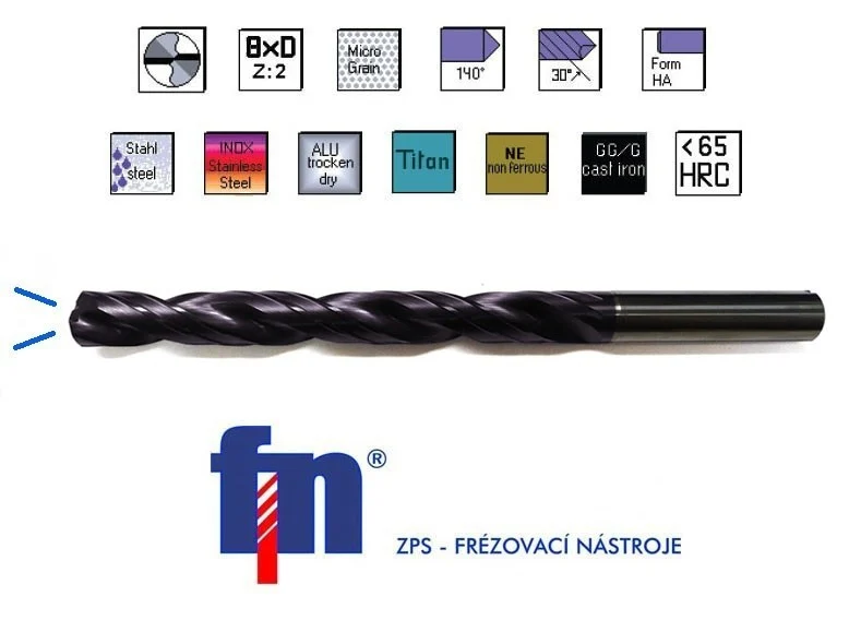 SK Bohrer 7,5 x 114 mm 8xD AlTiN 135° DIN6537 K, Innen-Kühl. , ZPS